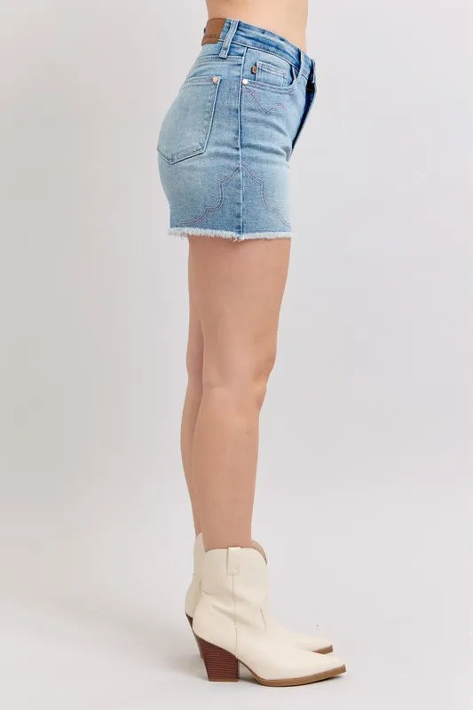 Judy Blue High Waist Western Embroidery Cut-Off Shorts-Denim-Krush Kandy, Women's Online Fashion Boutique Located in Phoenix, Arizona (Scottsdale Area)