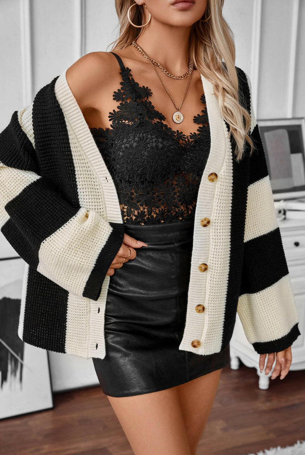 Waffle-Knit V-Neck Striped Long Sleeve Cardigan-Krush Kandy, Women's Online Fashion Boutique Located in Phoenix, Arizona (Scottsdale Area)