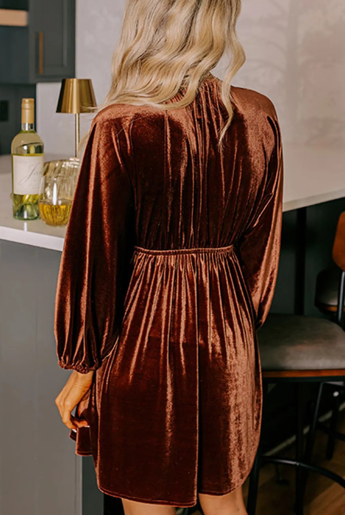 V Neck Puff Sleeve Velvet Dress-Dresses-Krush Kandy, Women's Online Fashion Boutique Located in Phoenix, Arizona (Scottsdale Area)
