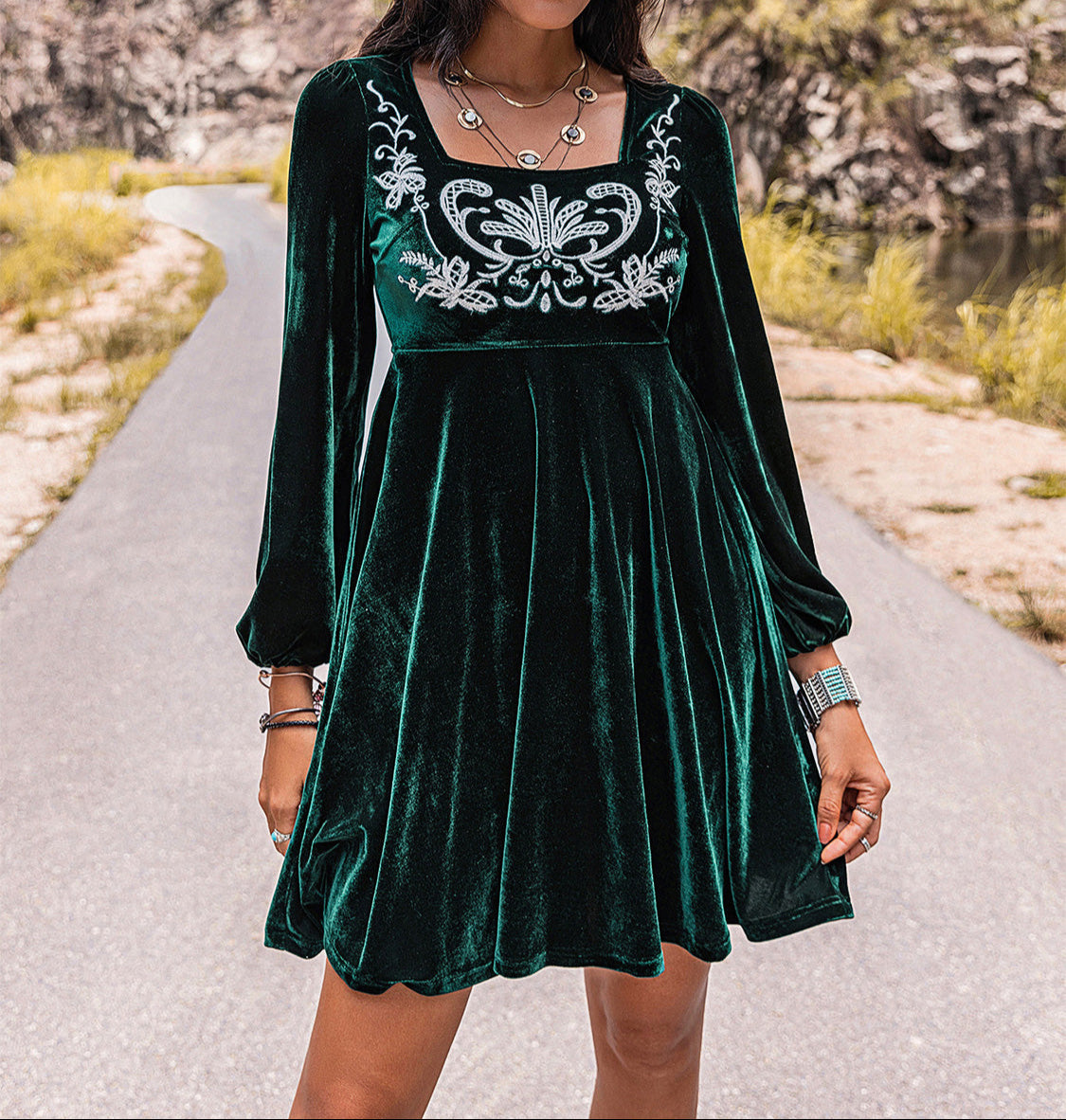 Embroidered Square Neck Long Sleeve Dress-Dresses-Krush Kandy, Women's Online Fashion Boutique Located in Phoenix, Arizona (Scottsdale Area)