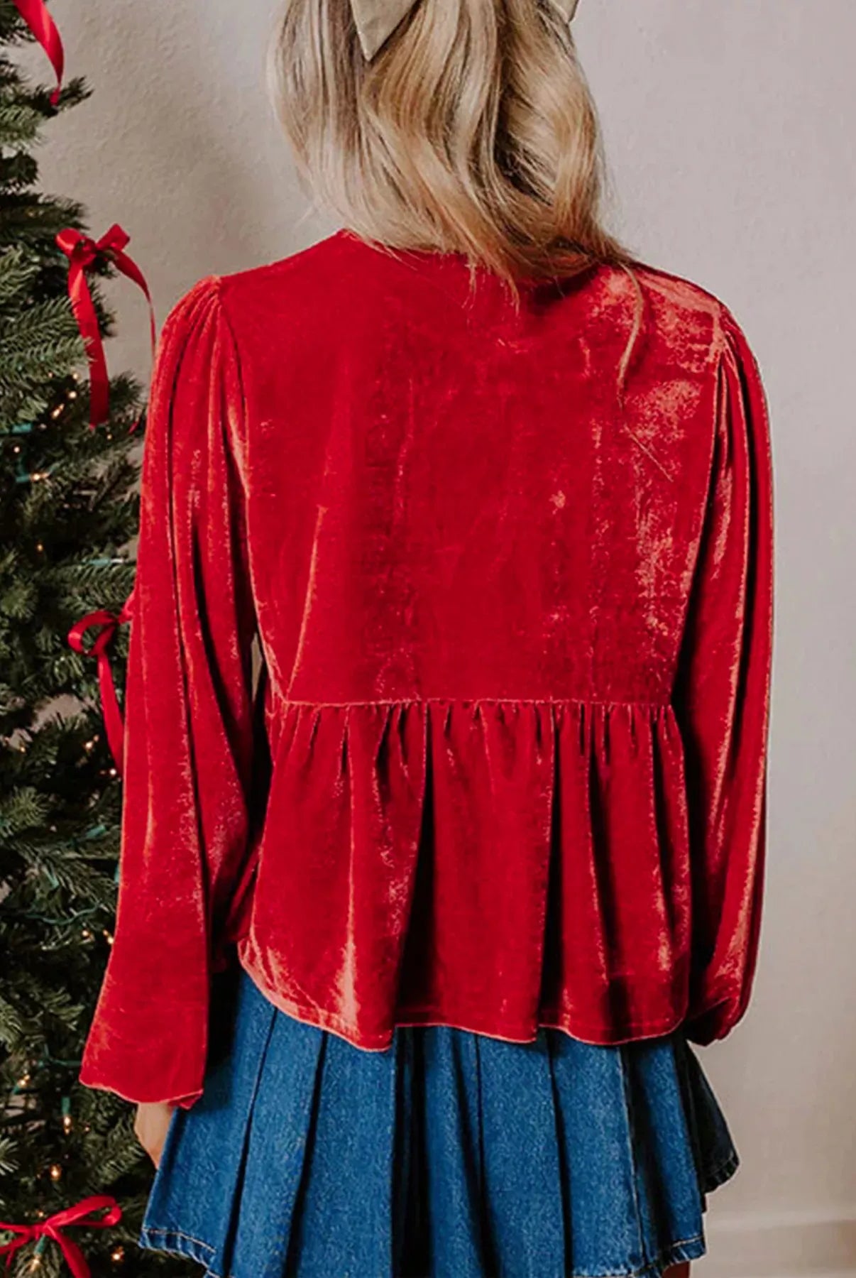 Plus Size Tie Front Velvet Peplum Blouse-Blouses-Krush Kandy, Women's Online Fashion Boutique Located in Phoenix, Arizona (Scottsdale Area)