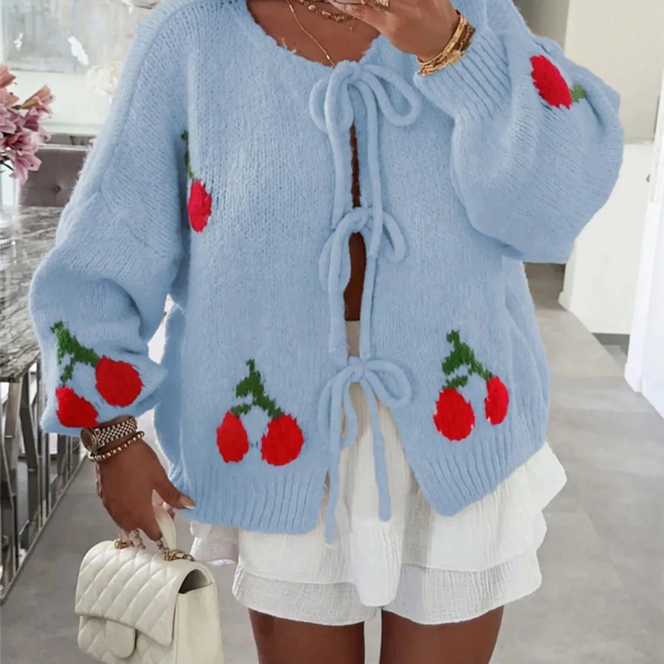 Cherry Pattern Tie-Front Oversized Cardigan-Cardigan-Krush Kandy, Women's Online Fashion Boutique Located in Phoenix, Arizona (Scottsdale Area)