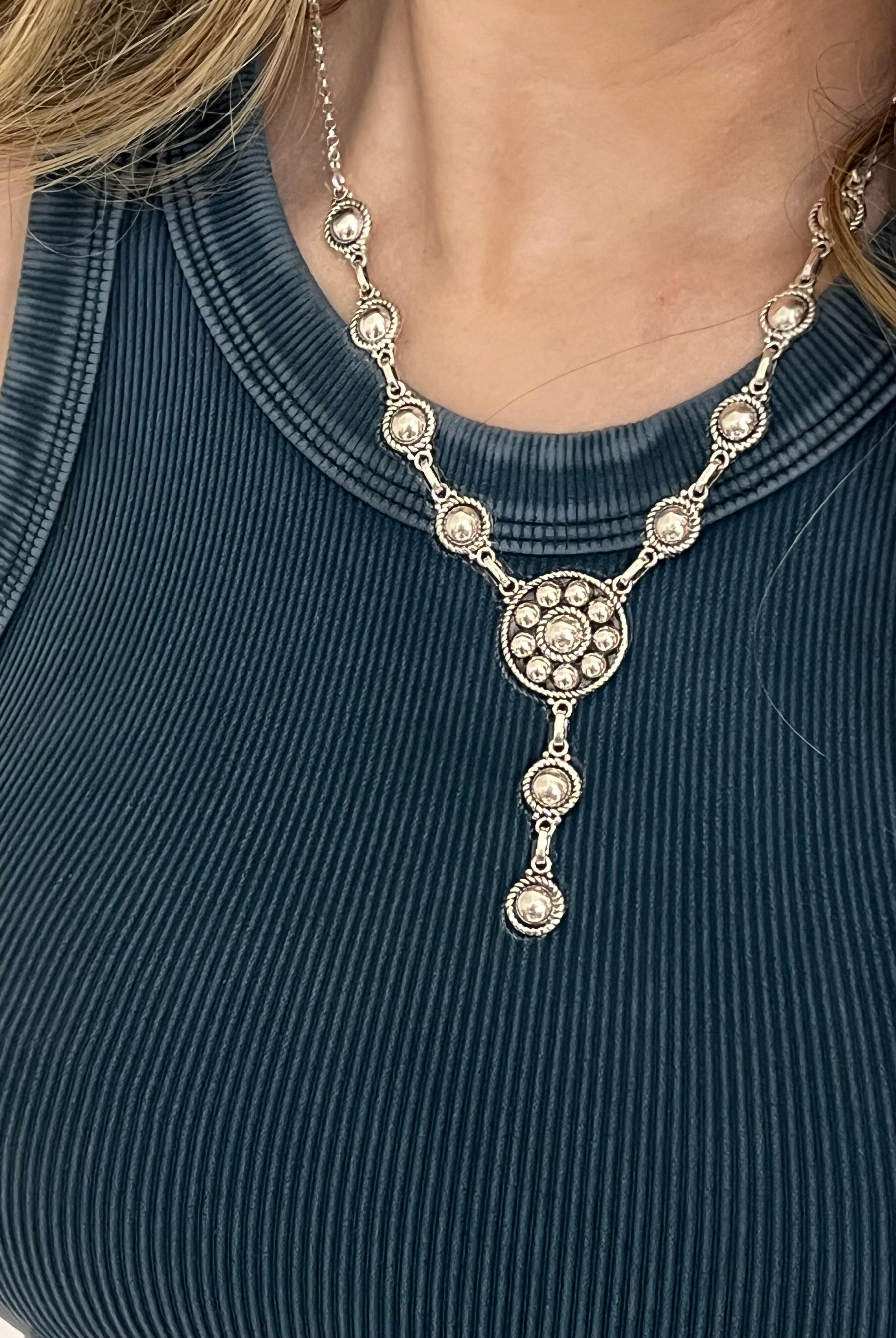 Set The Tone Sterling Concho Lariat Necklace-Lariat and Y Necklaces-Krush Kandy, Women's Online Fashion Boutique Located in Phoenix, Arizona (Scottsdale Area)