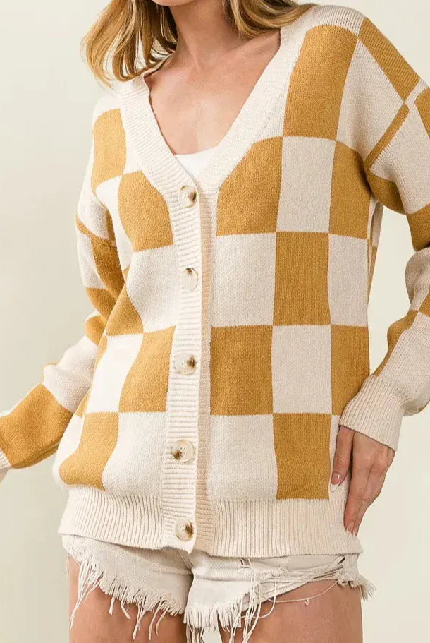BiBi Checked V-neck Cardigan-Tops-Krush Kandy, Women's Online Fashion Boutique Located in Phoenix, Arizona (Scottsdale Area)