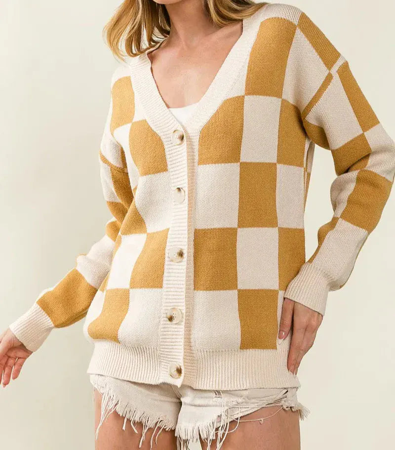 BiBi Checked V-neck Cardigan-Tops-Krush Kandy, Women's Online Fashion Boutique Located in Phoenix, Arizona (Scottsdale Area)