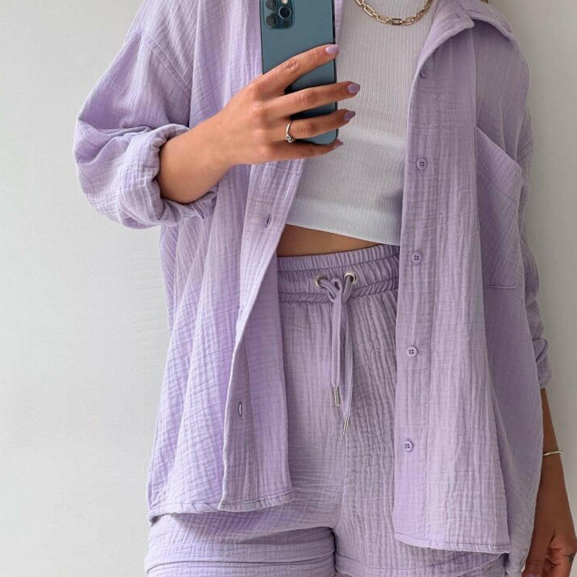 Kinsley Texture Button-Up Shirt and Drawstring Shorts Set-Krush Kandy, Women's Online Fashion Boutique Located in Phoenix, Arizona (Scottsdale Area)