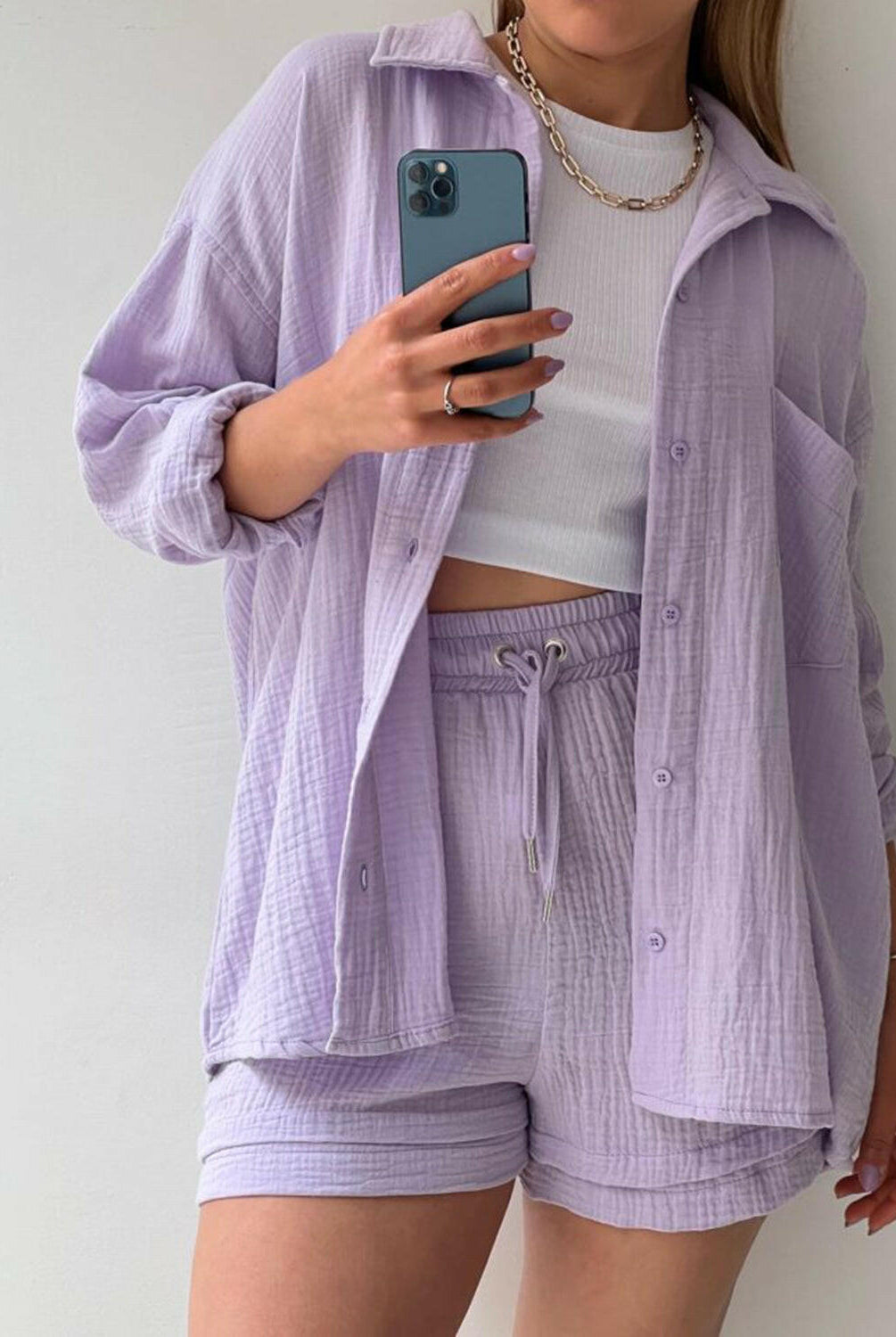 Kinsley Texture Button-Up Shirt and Drawstring Shorts Set-Krush Kandy, Women's Online Fashion Boutique Located in Phoenix, Arizona (Scottsdale Area)