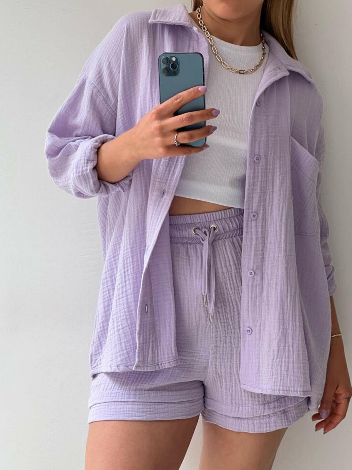 Kinsley Texture Button-Up Shirt and Drawstring Shorts Set-Krush Kandy, Women's Online Fashion Boutique Located in Phoenix, Arizona (Scottsdale Area)