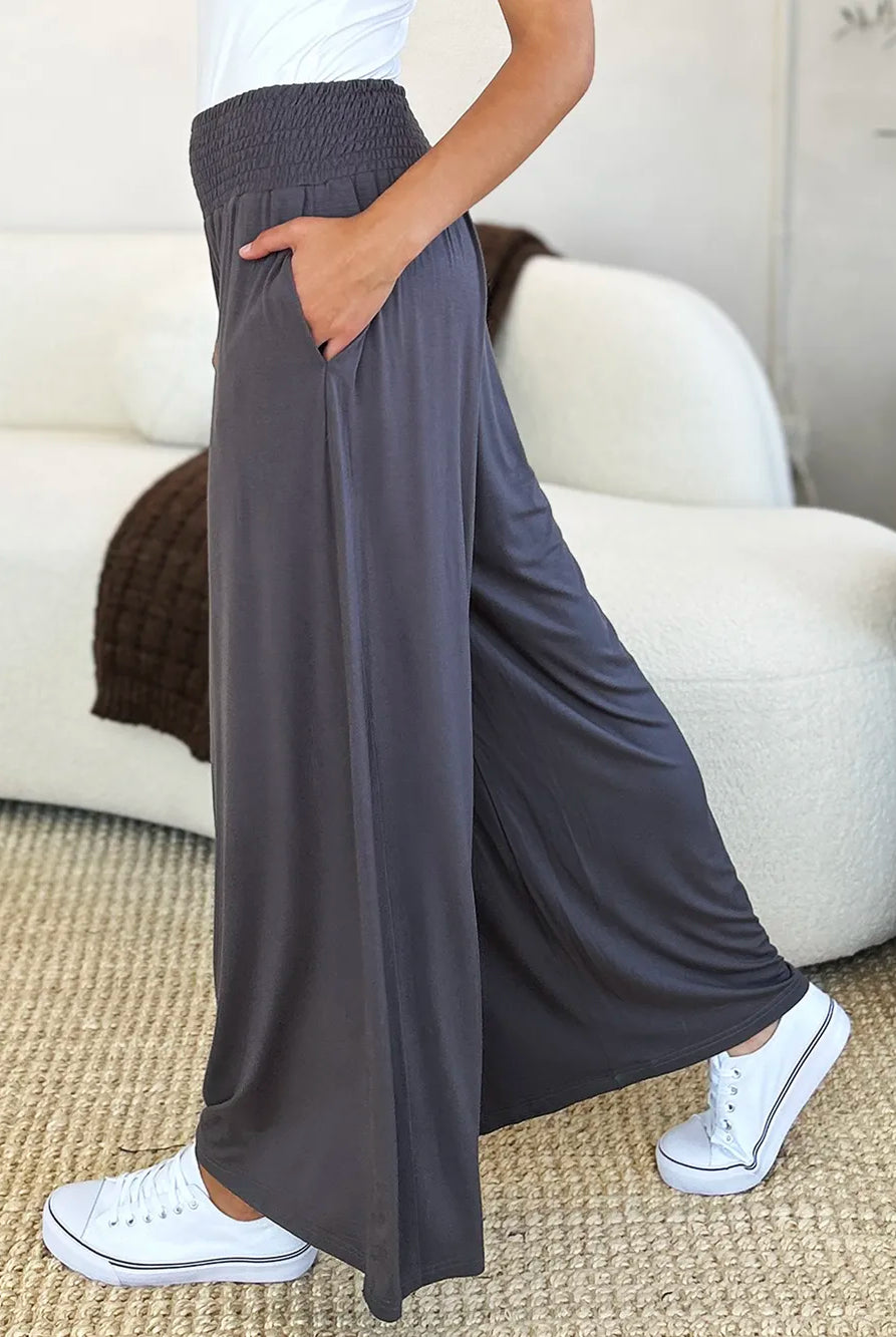 Full Size Smocked Wide Waistband Wide Leg Pants-Pants-Krush Kandy, Women's Online Fashion Boutique Located in Phoenix, Arizona (Scottsdale Area)