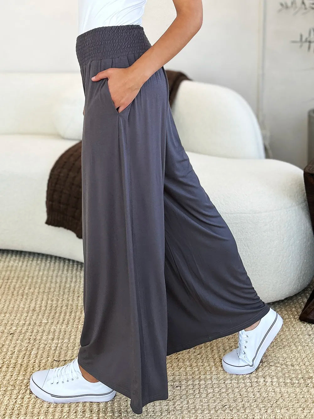 Full Size Smocked Wide Waistband Wide Leg Pants-Pants-Krush Kandy, Women's Online Fashion Boutique Located in Phoenix, Arizona (Scottsdale Area)
