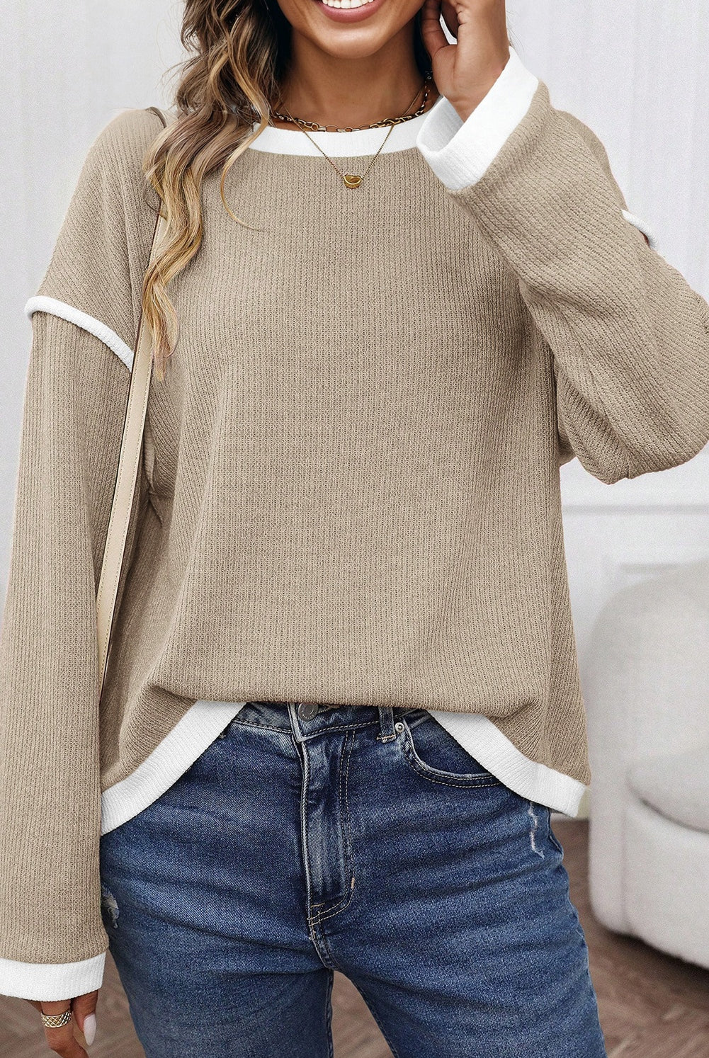 Taupe Contrast Trim Knit Top-Sweaters-Krush Kandy, Women's Online Fashion Boutique Located in Phoenix, Arizona (Scottsdale Area)
