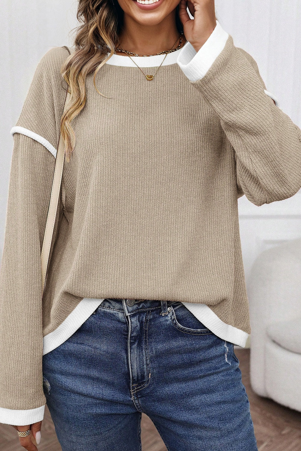 Taupe Contrast Trim Knit Top-Sweaters-Krush Kandy, Women's Online Fashion Boutique Located in Phoenix, Arizona (Scottsdale Area)
