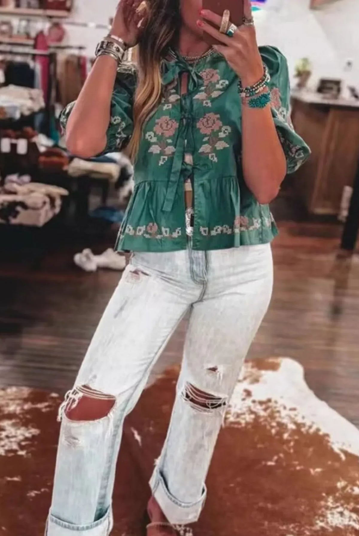 Tie Front Puff Sleeve Blouse-Blouses-Krush Kandy, Women's Online Fashion Boutique Located in Phoenix, Arizona (Scottsdale Area)