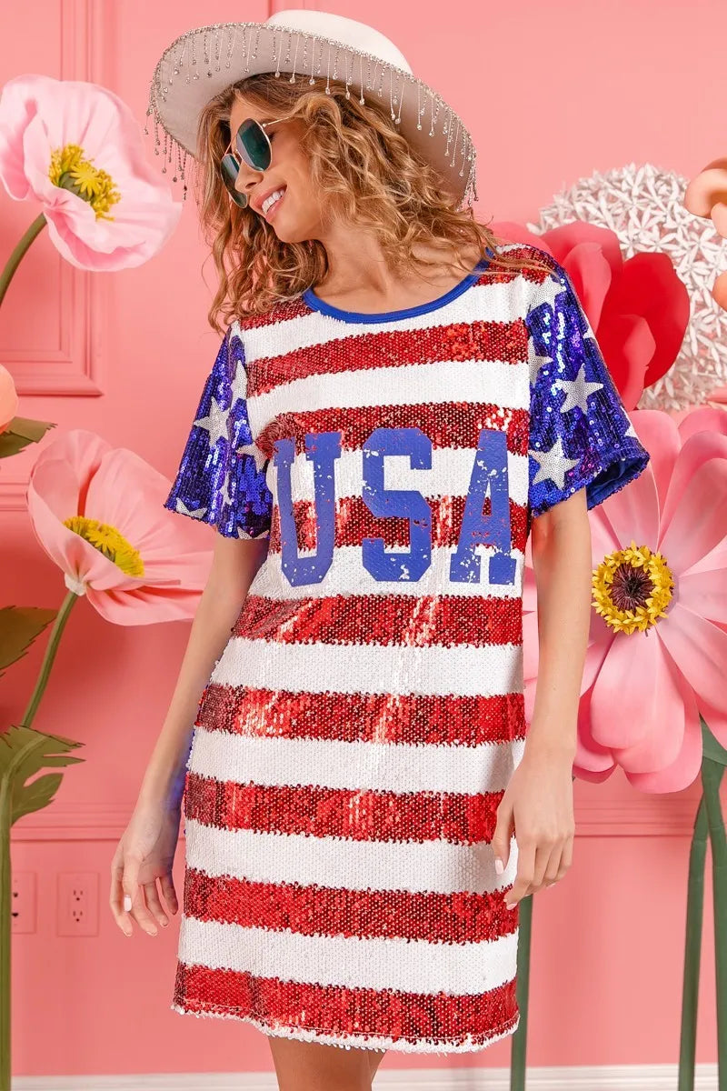 BiBi American Flag Theme Usa Print Sequin Dress-Dresses-Krush Kandy, Women's Online Fashion Boutique Located in Phoenix, Arizona (Scottsdale Area)