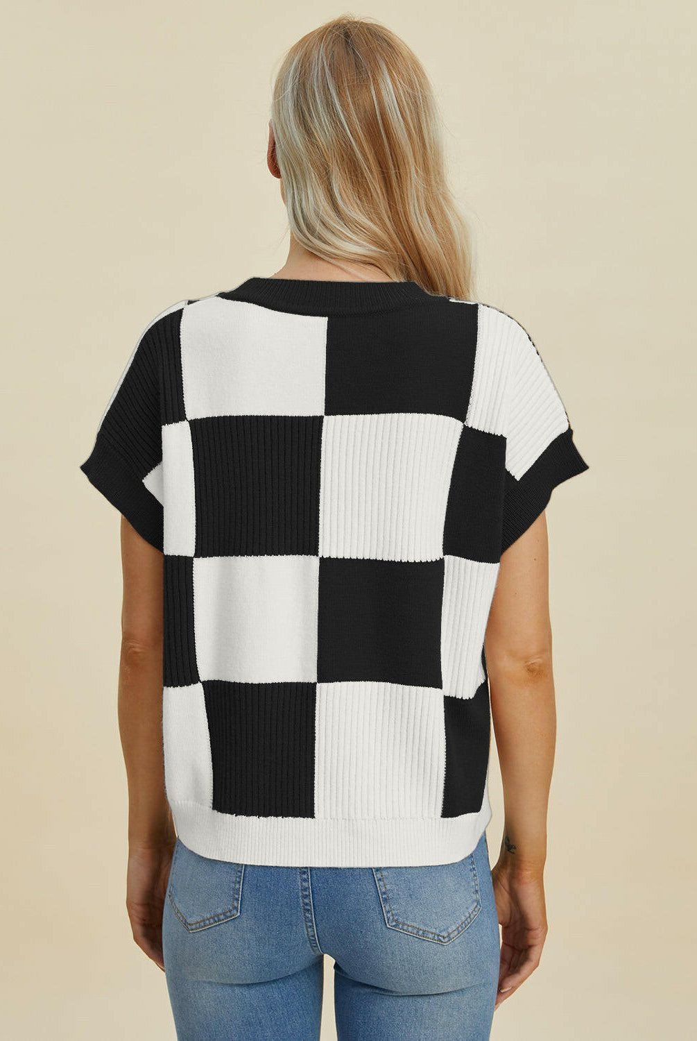 Double Take Full Size Checkered Round Neck Short Sleeve Sweater-Tops-Krush Kandy, Women's Online Fashion Boutique Located in Phoenix, Arizona (Scottsdale Area)