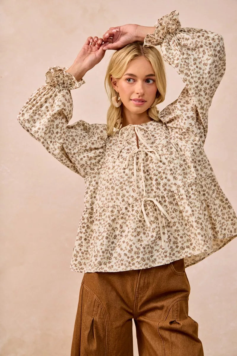 BiBi Floral Printed Peplum Blouse with Shirring and Tied-Tops-Krush Kandy, Women's Online Fashion Boutique Located in Phoenix, Arizona (Scottsdale Area)