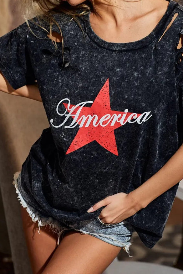 BiBi Laser Cut Mineral Washed Jersey Top with America-Tops-Krush Kandy, Women's Online Fashion Boutique Located in Phoenix, Arizona (Scottsdale Area)