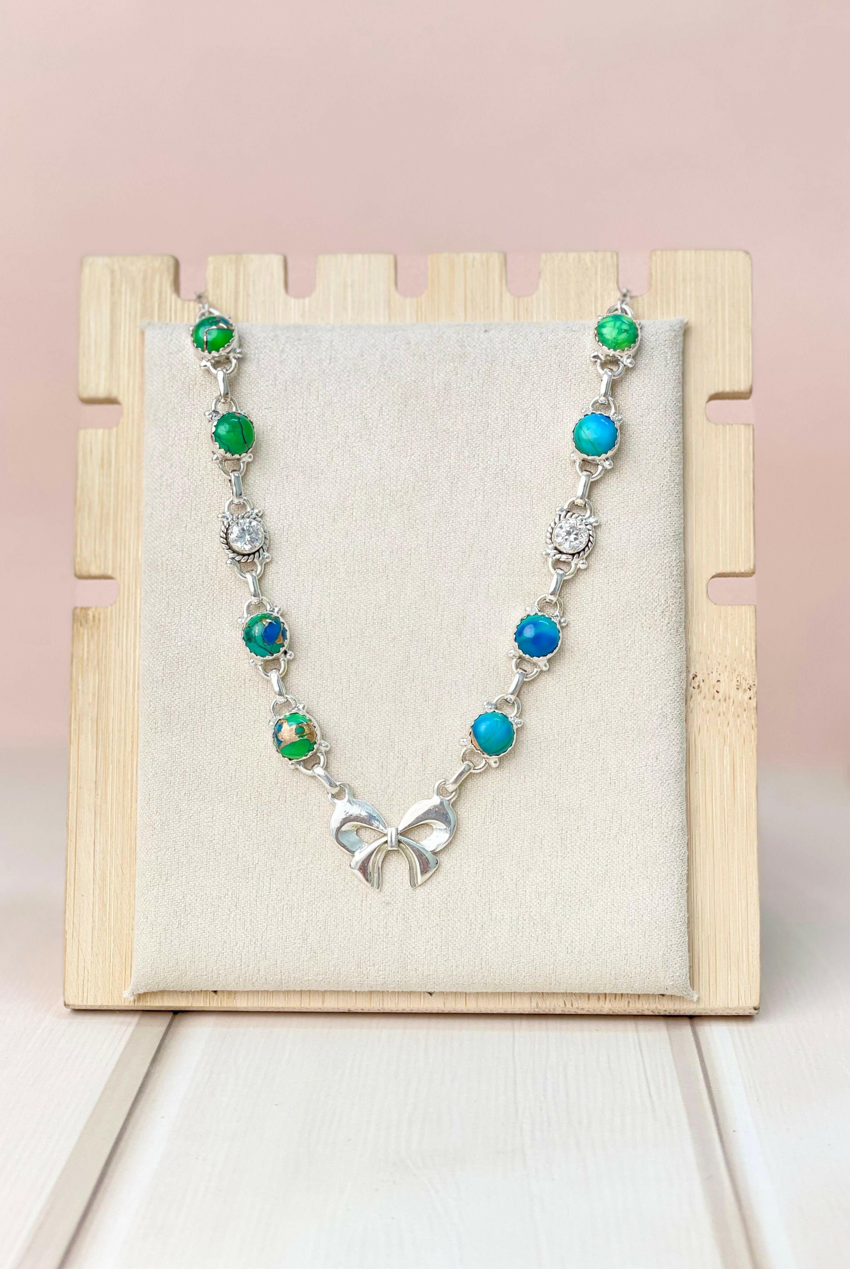 Peacock Dahlia and CZ Bow Necklace-Necklaces-Krush Kandy, Women's Online Fashion Boutique Located in Phoenix, Arizona (Scottsdale Area)
