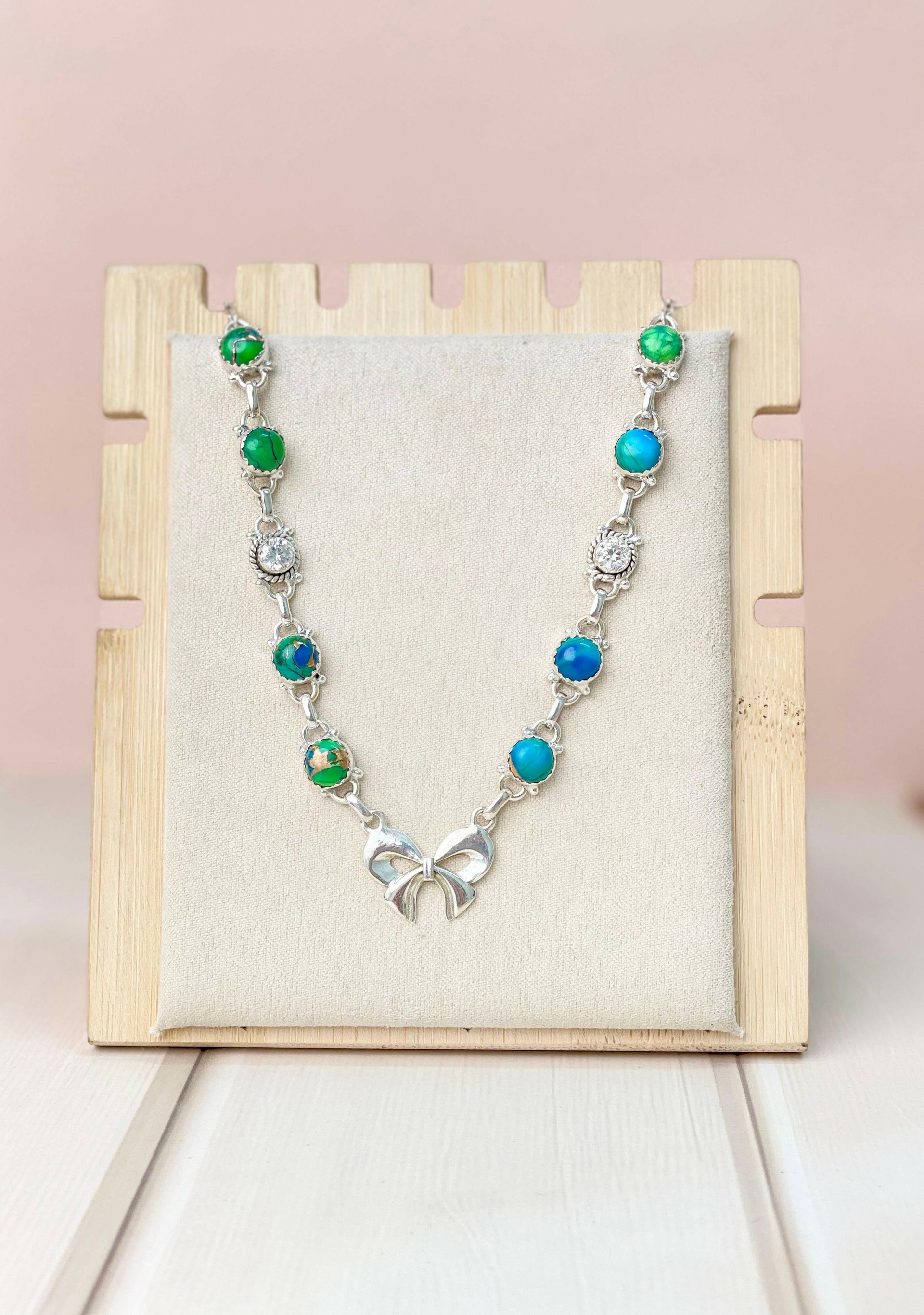 Peacock Dahlia and CZ Bow Necklace-Necklaces-Krush Kandy, Women's Online Fashion Boutique Located in Phoenix, Arizona (Scottsdale Area)