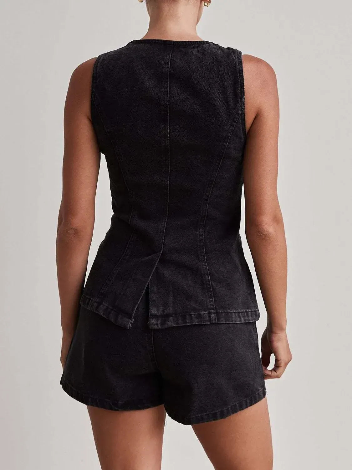 Button Down Vest and Shorts Denim Set-2 Piece Outfit Sets-Krush Kandy, Women's Online Fashion Boutique Located in Phoenix, Arizona (Scottsdale Area)