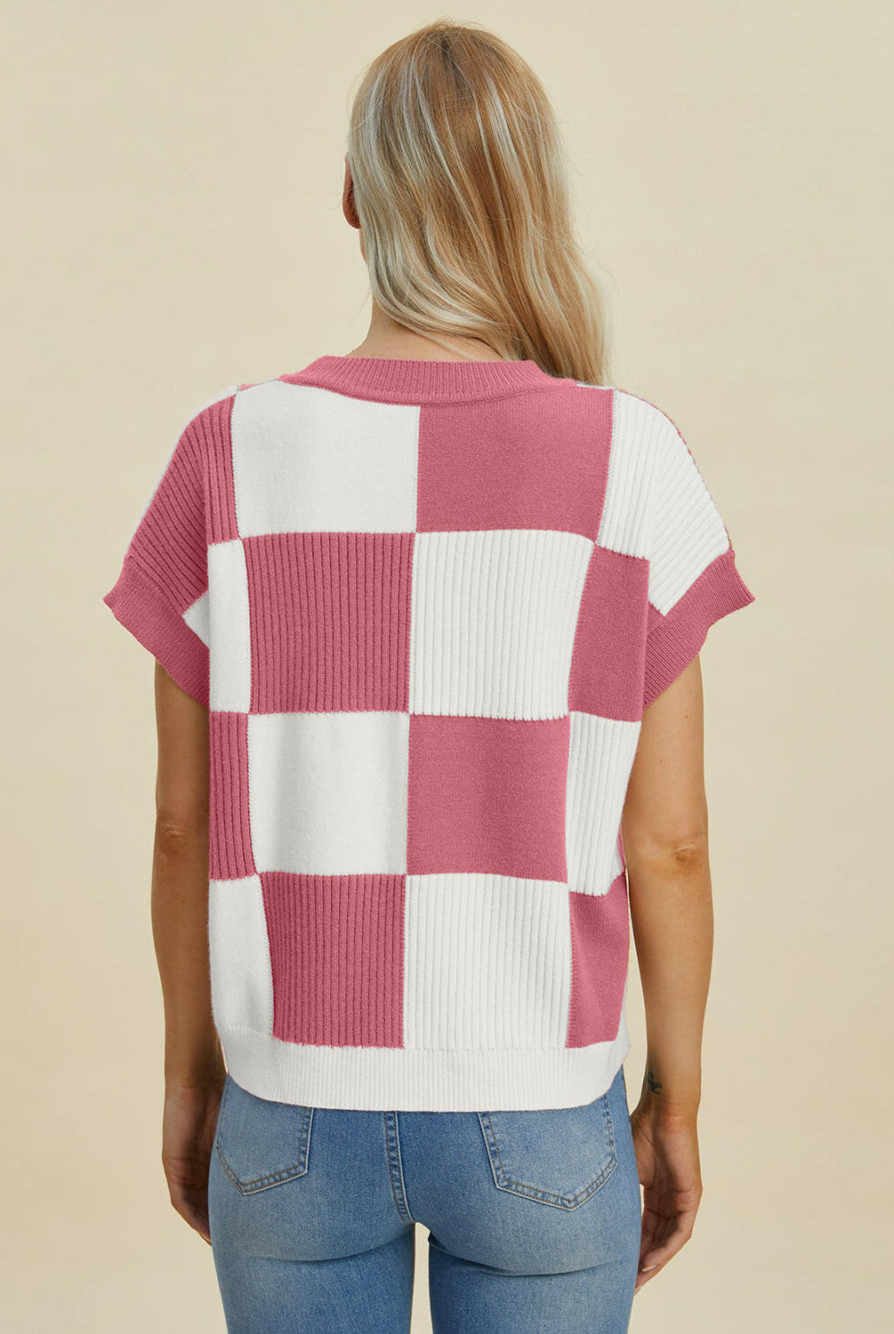 Double Take Full Size Checkered Round Neck Short Sleeve Sweater-Tops-Krush Kandy, Women's Online Fashion Boutique Located in Phoenix, Arizona (Scottsdale Area)