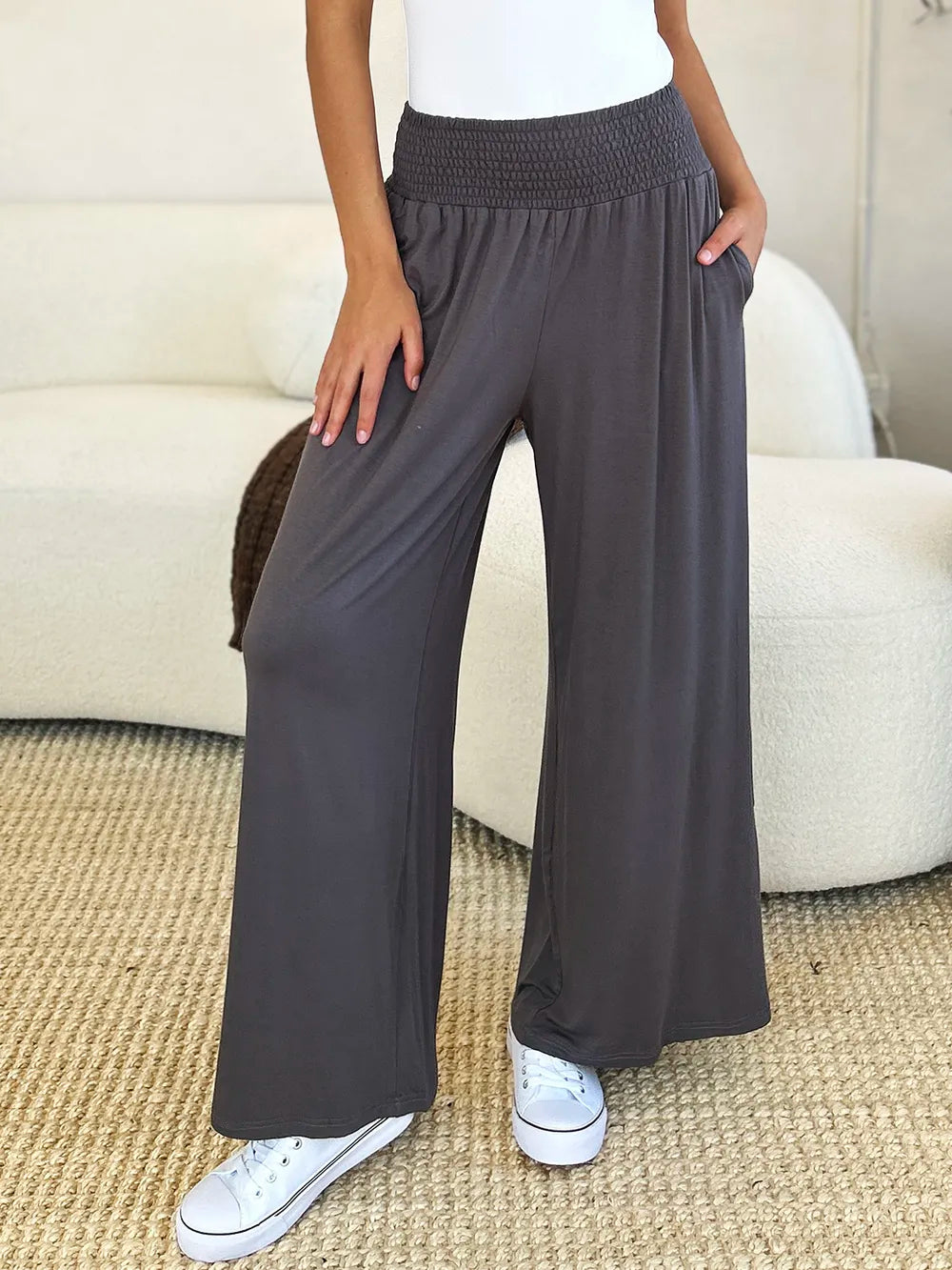 Full Size Smocked Wide Waistband Wide Leg Pants-Pants-Krush Kandy, Women's Online Fashion Boutique Located in Phoenix, Arizona (Scottsdale Area)