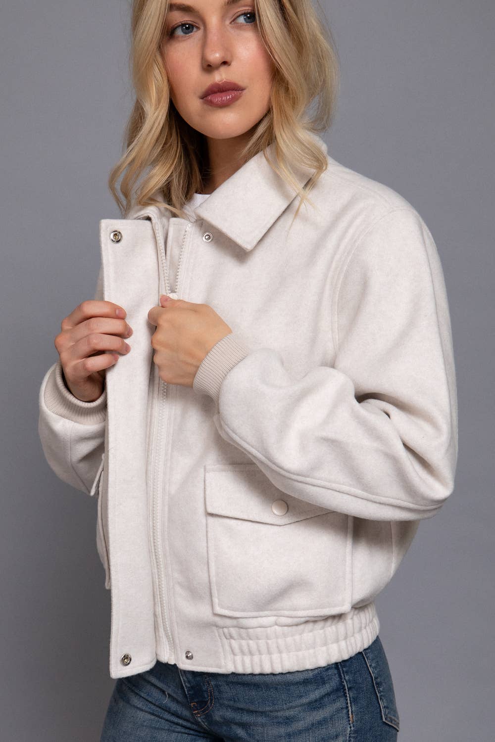 Long Sleeve Lapel Collar Soft Felt Bomber Jacket-Jackets-Krush Kandy, Women's Online Fashion Boutique Located in Phoenix, Arizona (Scottsdale Area)
