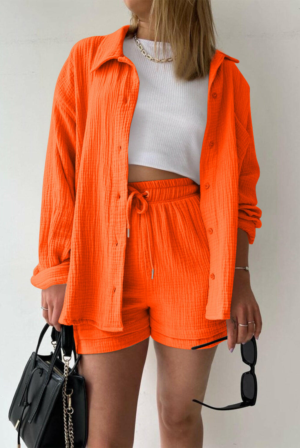 Kinsley Texture Button-Up Shirt and Drawstring Shorts Set-Krush Kandy, Women's Online Fashion Boutique Located in Phoenix, Arizona (Scottsdale Area)
