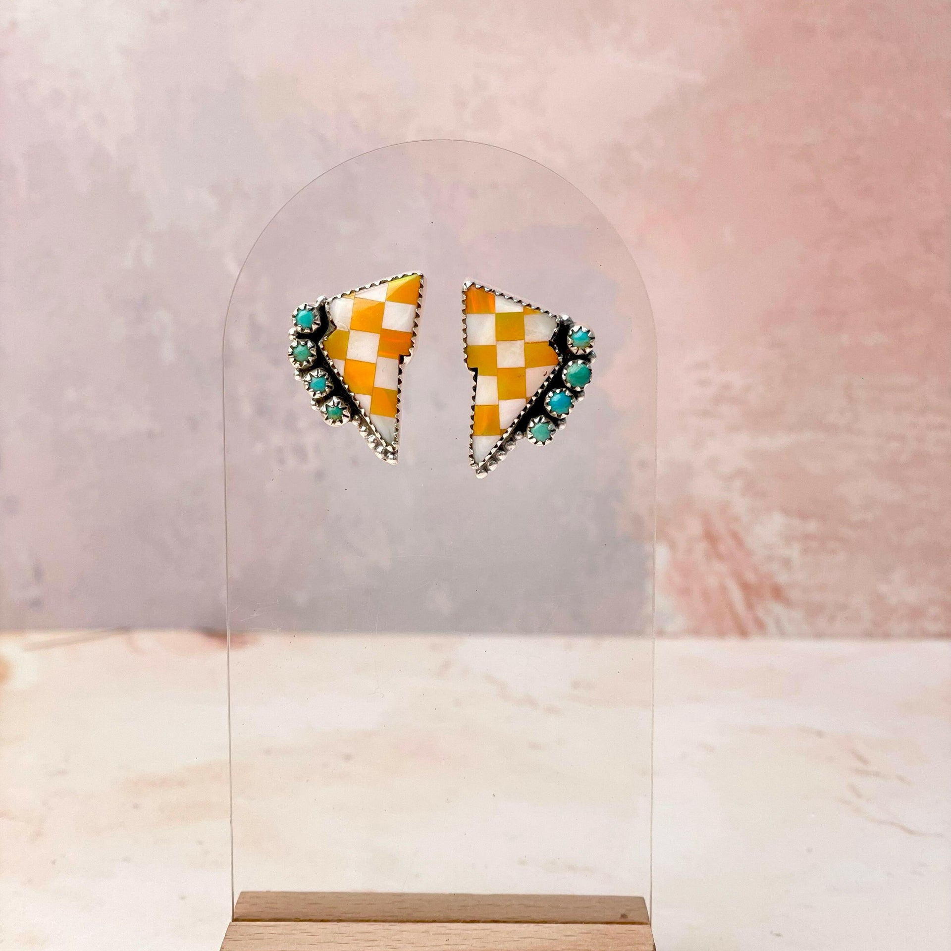 Orange Kandy Checkered Turquoise Bolt Studs-Earrings-Krush Kandy, Women's Online Fashion Boutique Located in Phoenix, Arizona (Scottsdale Area)