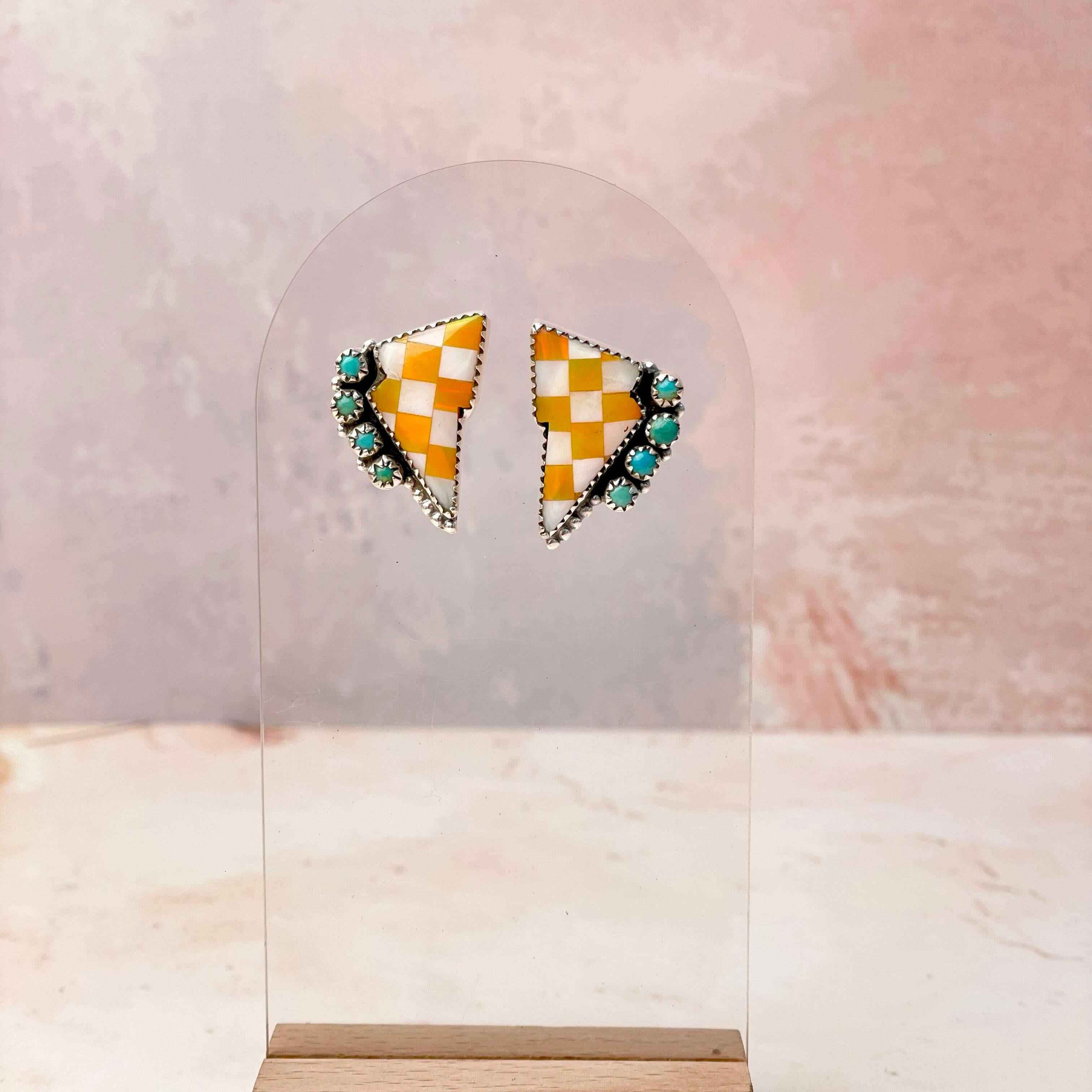 Orange Kandy Checkered Turquoise Bolt Studs-Earrings-Krush Kandy, Women's Online Fashion Boutique Located in Phoenix, Arizona (Scottsdale Area)