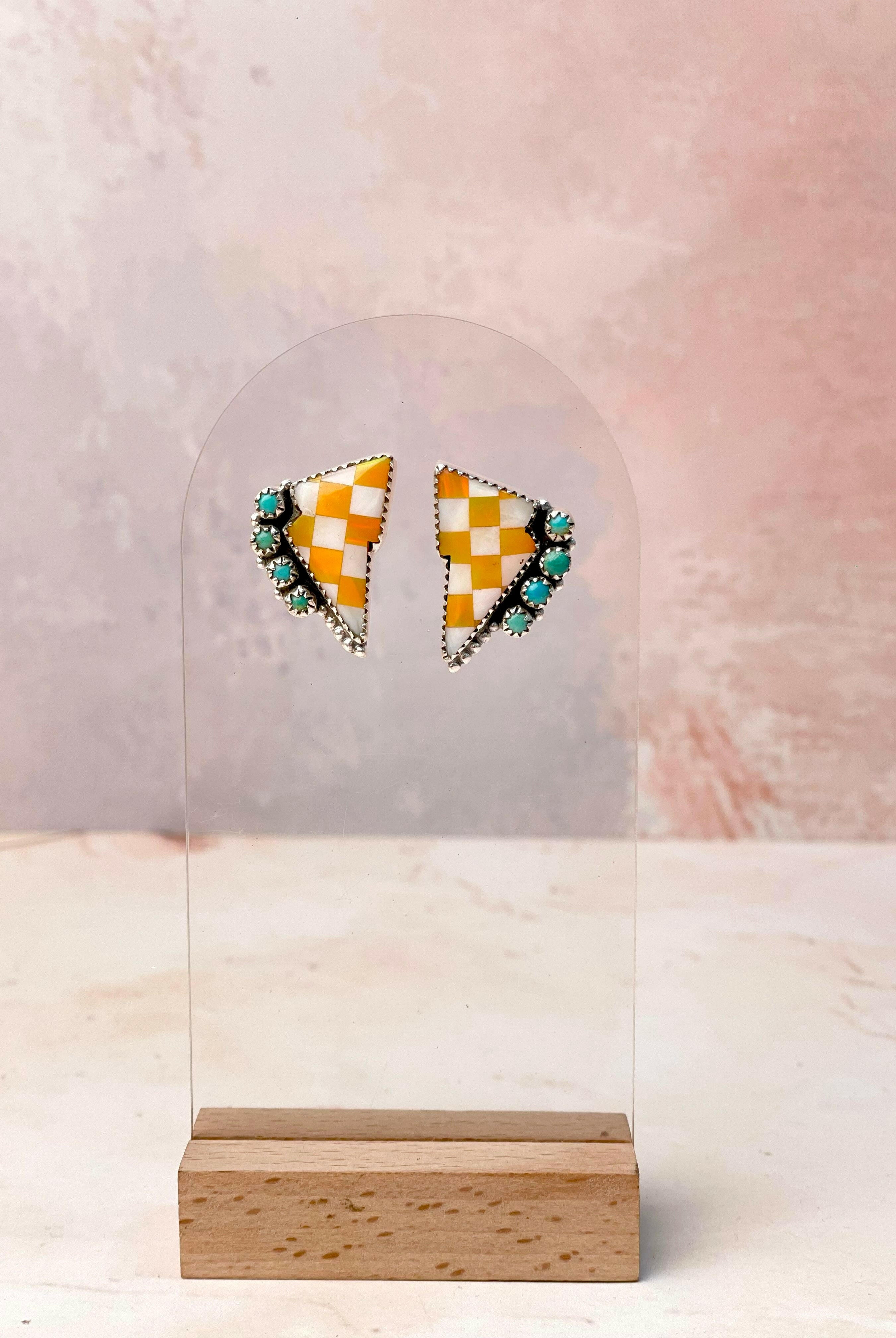 Orange Kandy Checkered Turquoise Bolt Studs-Earrings-Krush Kandy, Women's Online Fashion Boutique Located in Phoenix, Arizona (Scottsdale Area)
