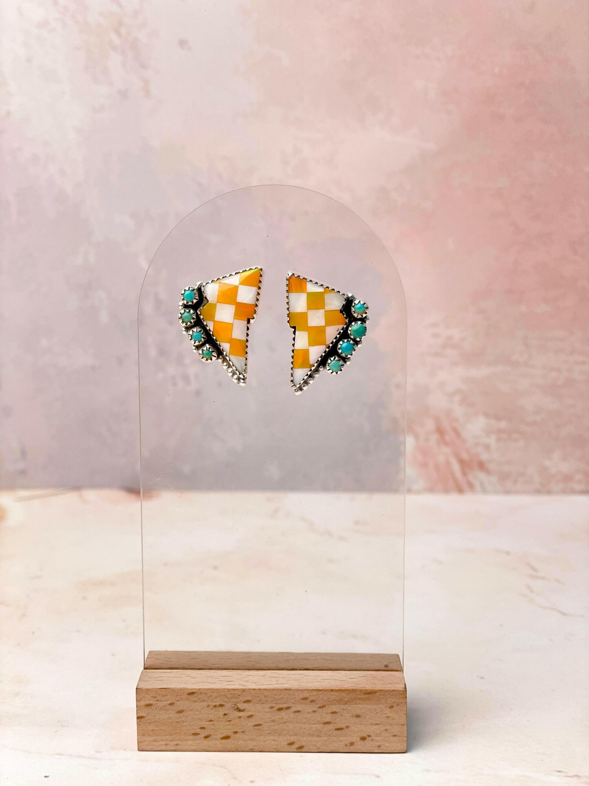 Orange Kandy Checkered Turquoise Bolt Studs-Earrings-Krush Kandy, Women's Online Fashion Boutique Located in Phoenix, Arizona (Scottsdale Area)