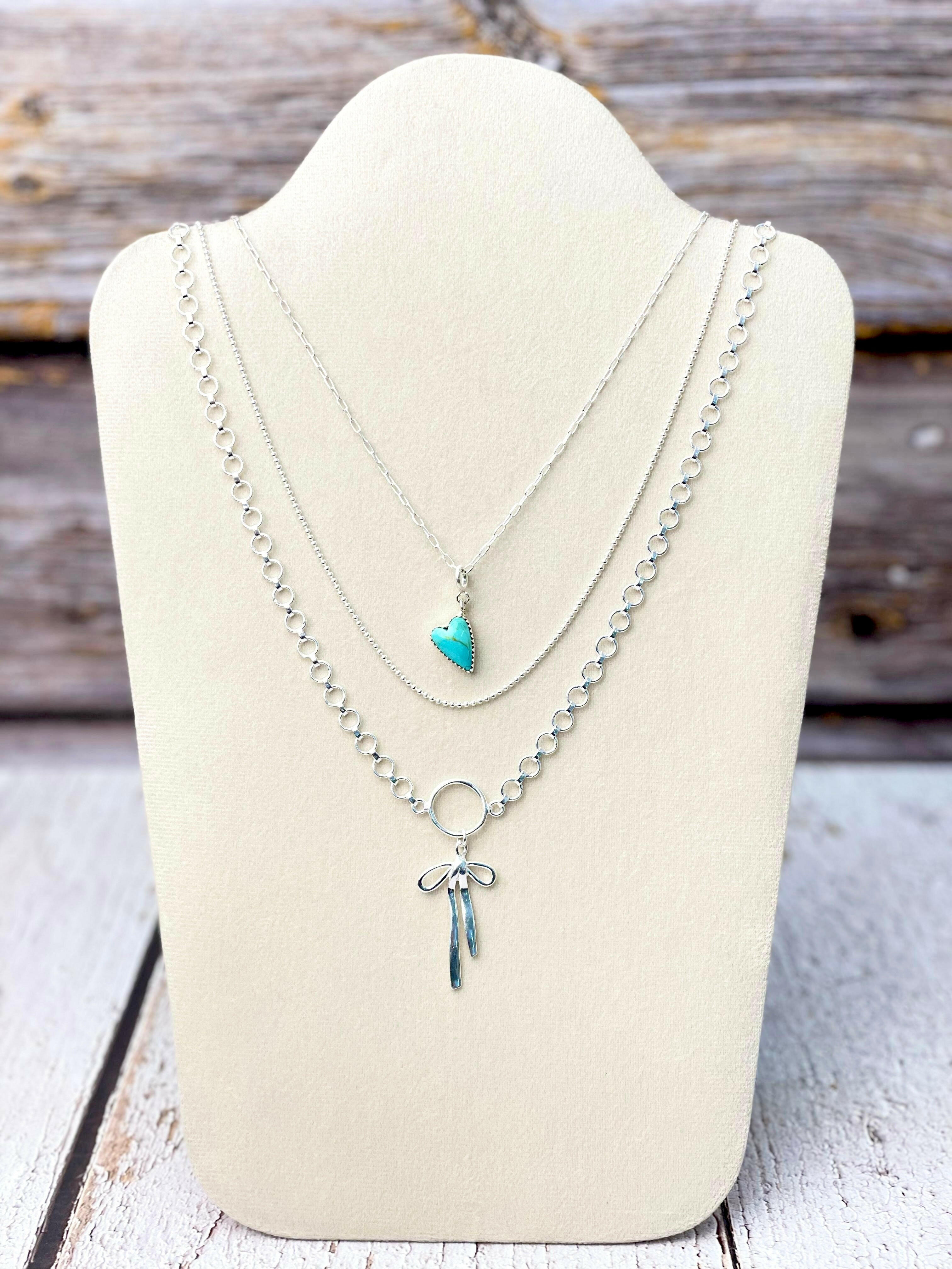 Multi-Layer Sterling Bow And Stone Heart Necklace-Necklaces-Krush Kandy, Women's Online Fashion Boutique Located in Phoenix, Arizona (Scottsdale Area)