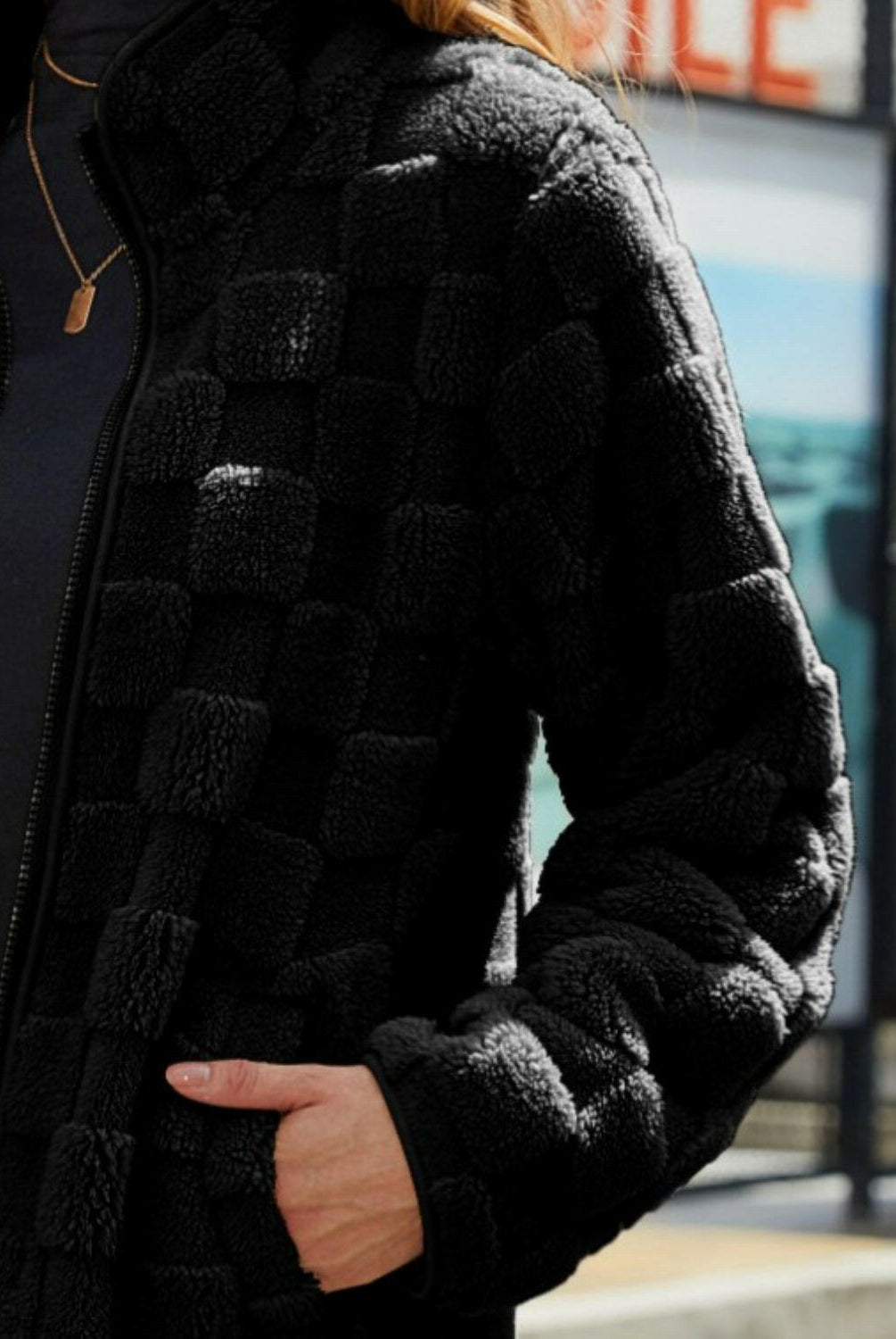 Fuzzy Checkered Zip Up Jacket-Krush Kandy, Women's Online Fashion Boutique Located in Phoenix, Arizona (Scottsdale Area)