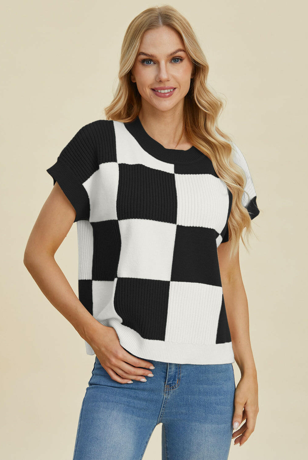 Double Take Full Size Checkered Round Neck Short Sleeve Sweater-Tops-Krush Kandy, Women's Online Fashion Boutique Located in Phoenix, Arizona (Scottsdale Area)