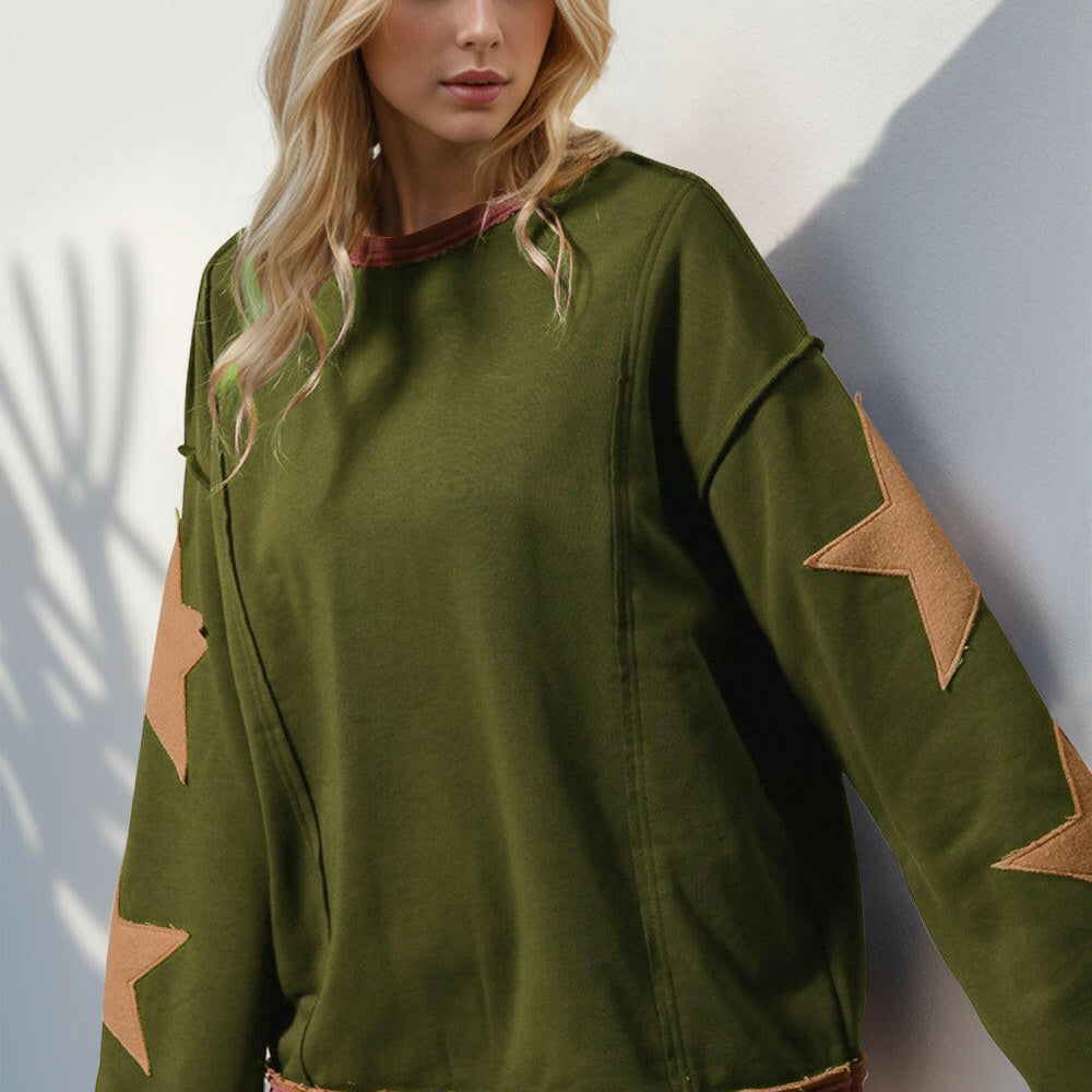 Star Patched Long Sleeve Sweatshirt-Sweatshirts-Krush Kandy, Women's Online Fashion Boutique Located in Phoenix, Arizona (Scottsdale Area)
