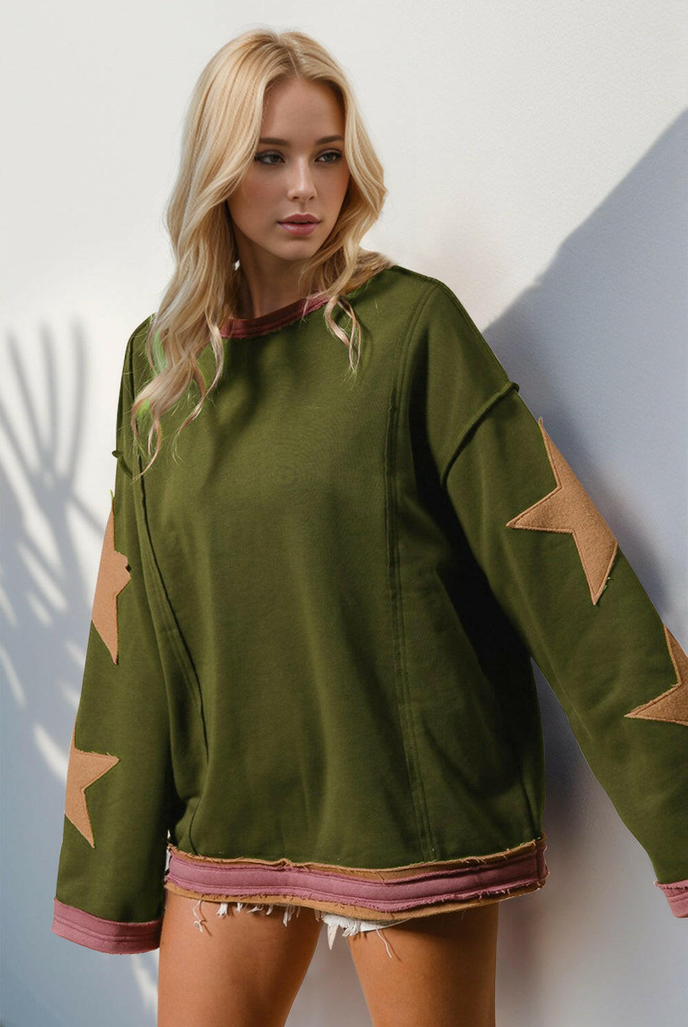Star Patched Long Sleeve Sweatshirt-Sweatshirts-Krush Kandy, Women's Online Fashion Boutique Located in Phoenix, Arizona (Scottsdale Area)