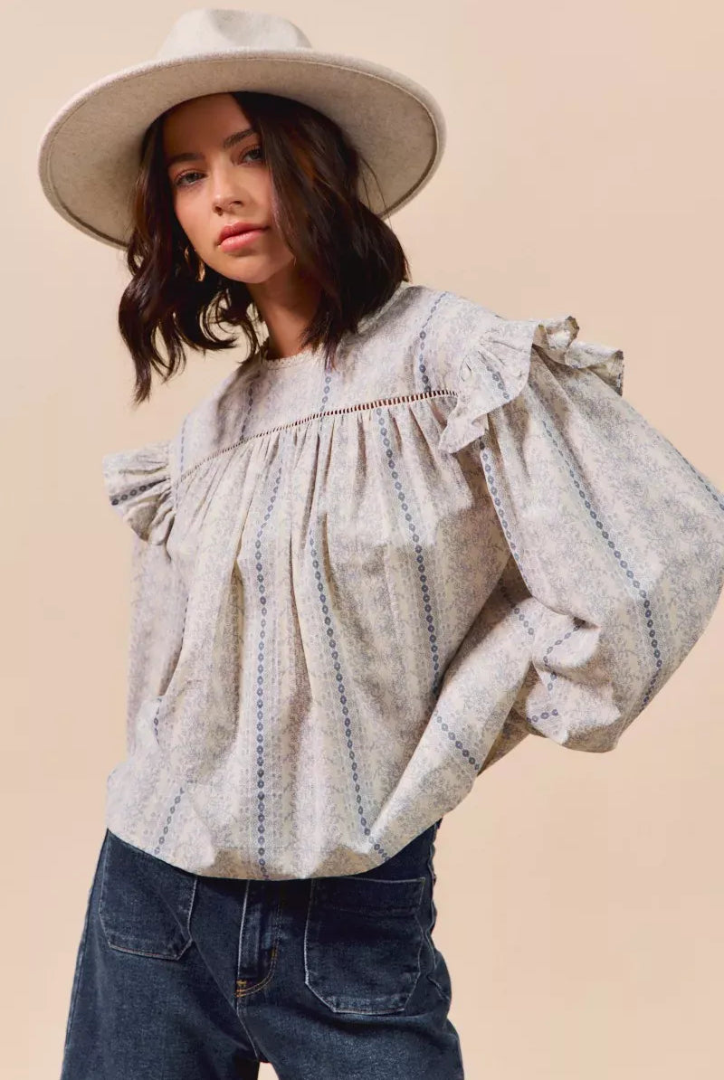 SO ME Floral Cotton Print Ruffled Long Sleeve Blouse-Tops-Krush Kandy, Women's Online Fashion Boutique Located in Phoenix, Arizona (Scottsdale Area)