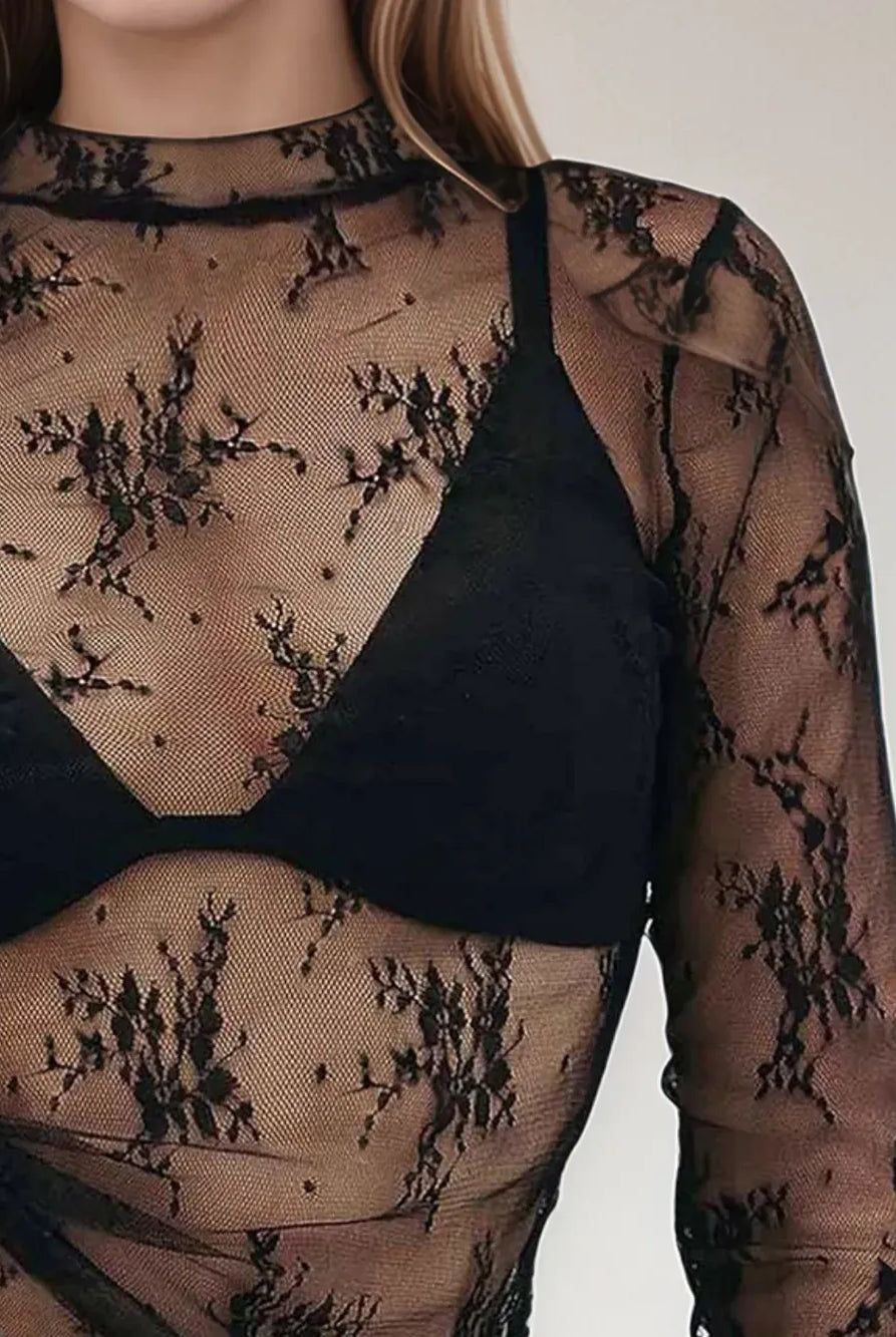 Floral Mock Neck Long Sleeve Mesh Top-Tops-Krush Kandy, Women's Online Fashion Boutique Located in Phoenix, Arizona (Scottsdale Area)