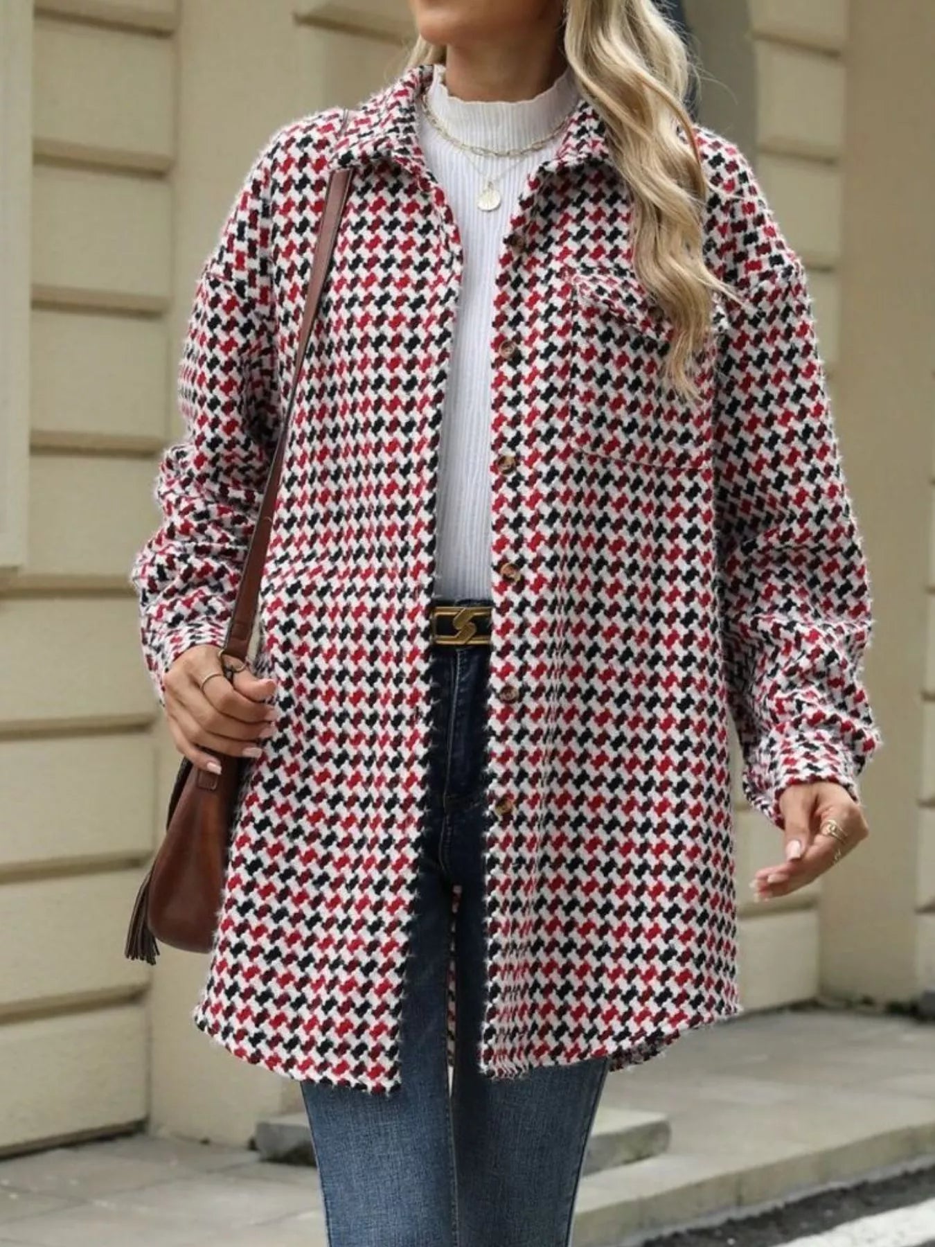 Houndstooth Button Up Long Sleeve Coat-Jacket-Krush Kandy, Women's Online Fashion Boutique Located in Phoenix, Arizona (Scottsdale Area)