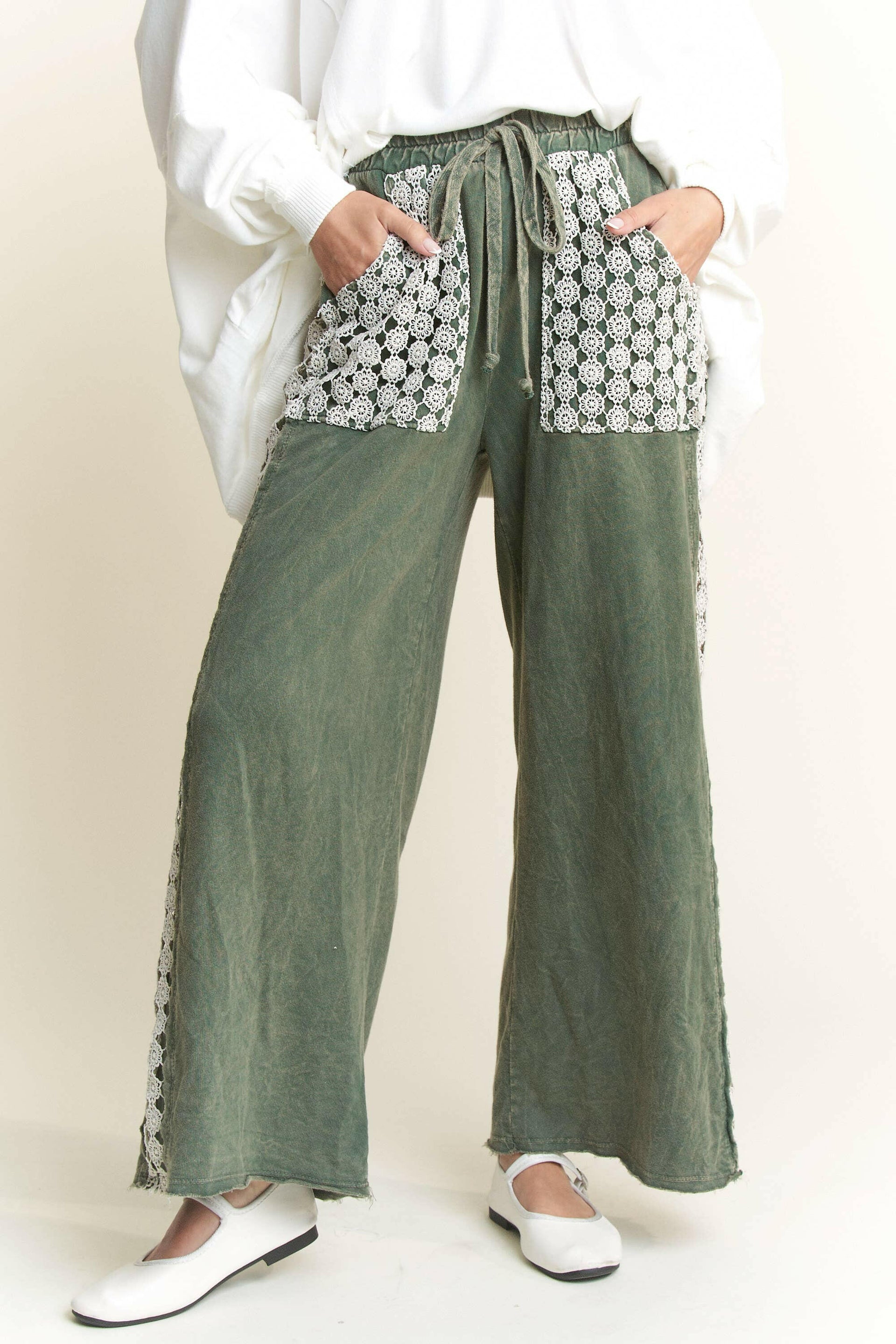 MineralWash Floral Daisy trim Pants-PANTS-Krush Kandy, Women's Online Fashion Boutique Located in Phoenix, Arizona (Scottsdale Area)