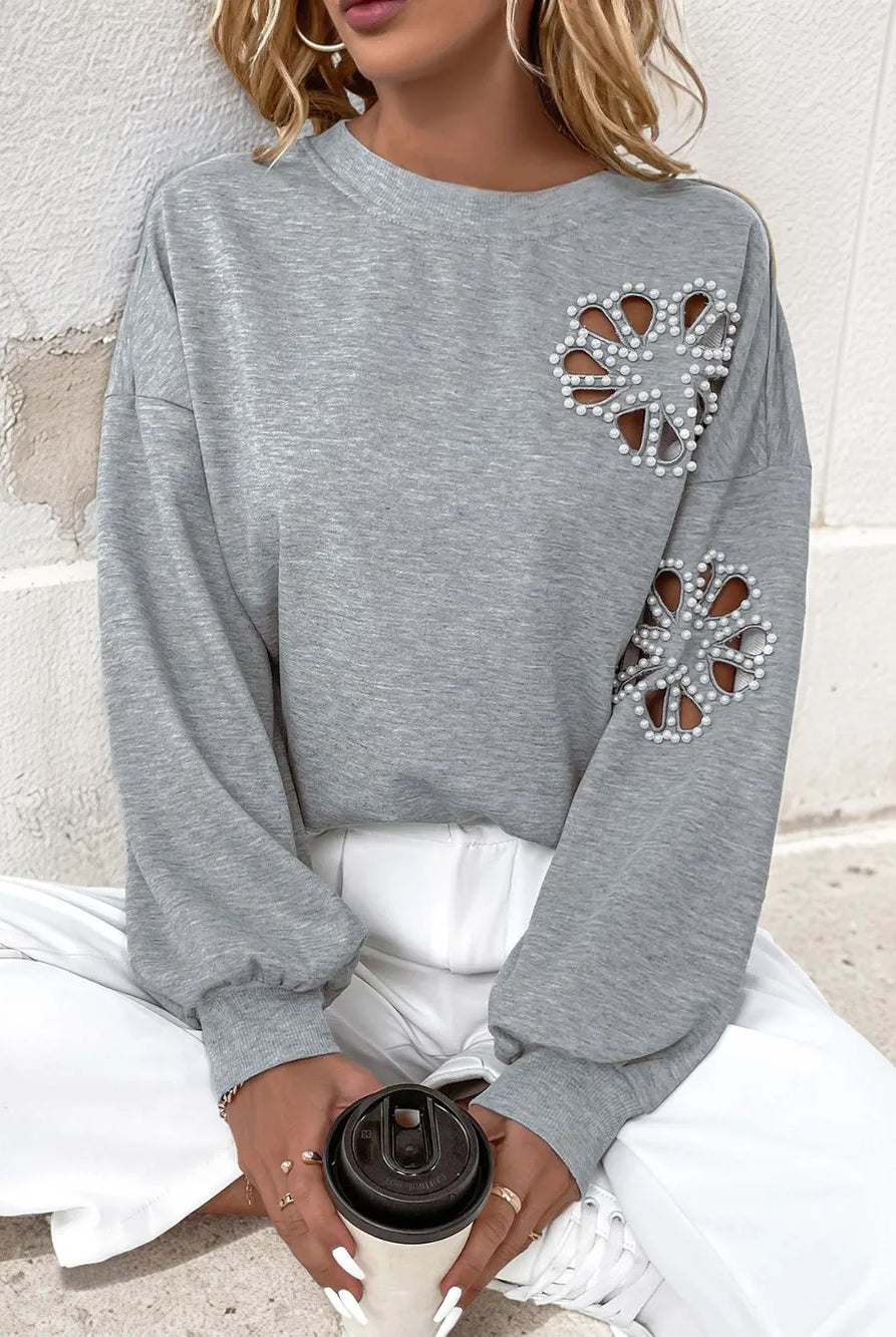 Perfee Cutout Pearl Round Neck Long Sleeve Sweatshirt-Sweaters-Krush Kandy, Women's Online Fashion Boutique Located in Phoenix, Arizona (Scottsdale Area)