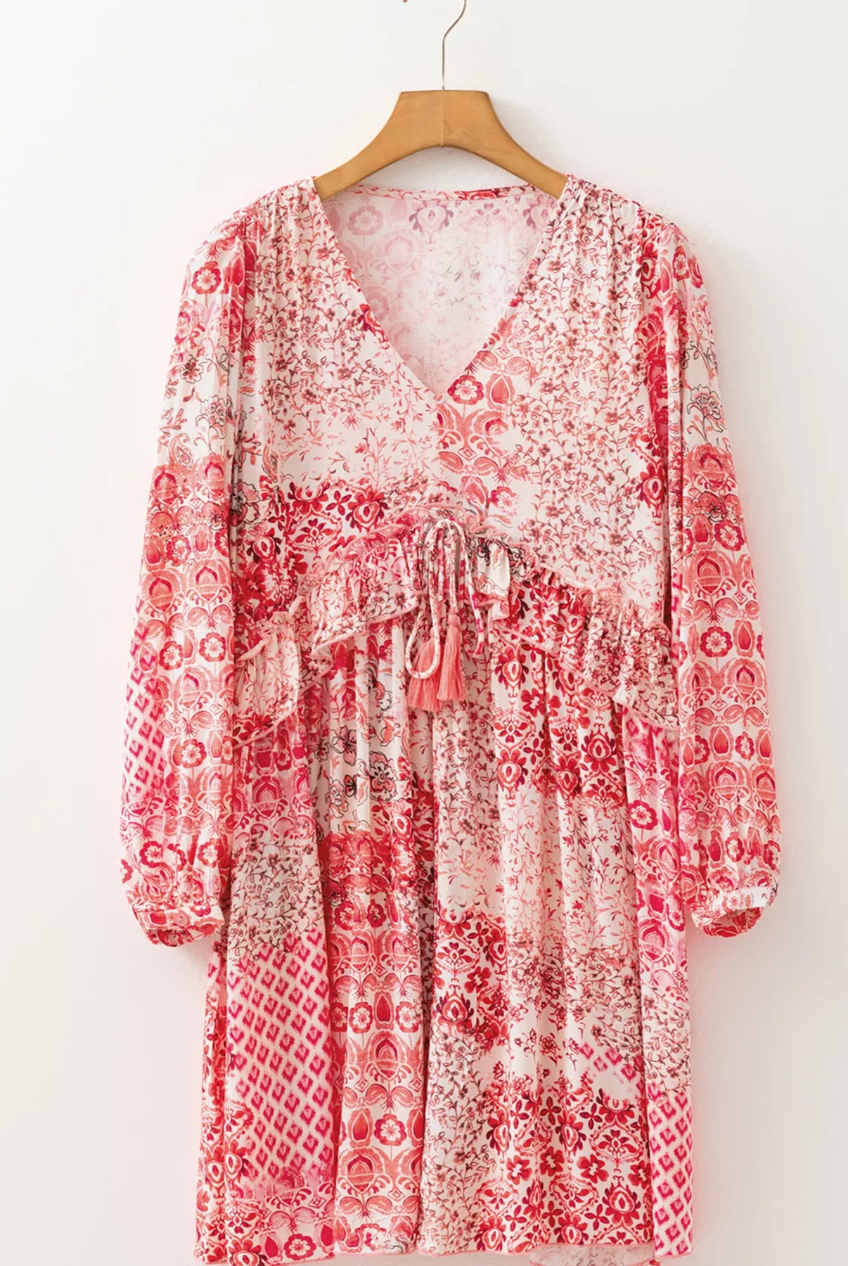 loral Print Tassel Tie Long Sleeve Flowy Mini Dress-Dresses-Krush Kandy, Women's Online Fashion Boutique Located in Phoenix, Arizona (Scottsdale Area)