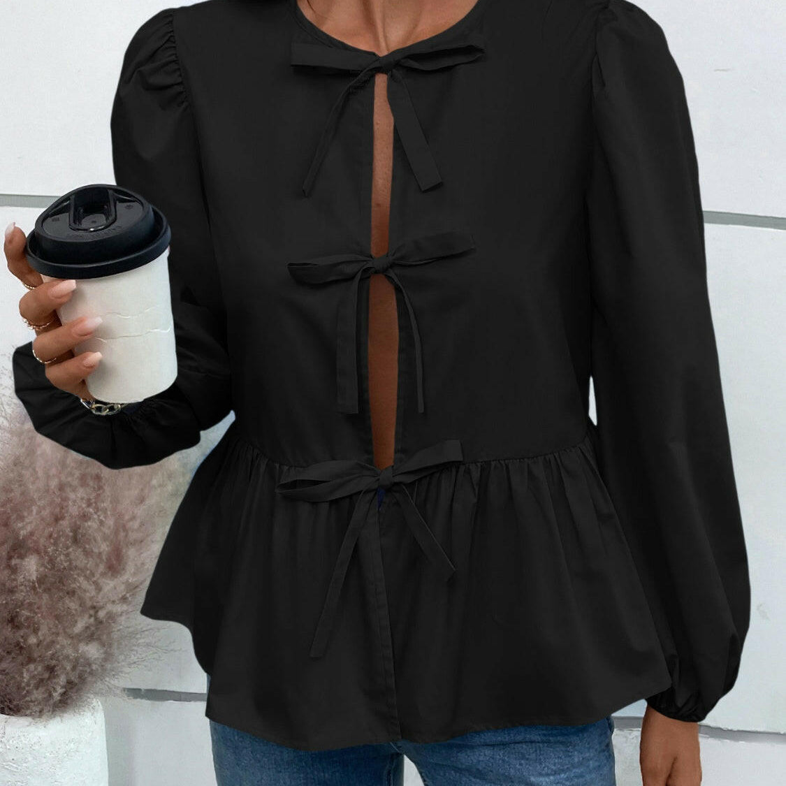 Ivy Lane Peplum Tied Long Sleeve Blouse-Krush Kandy, Women's Online Fashion Boutique Located in Phoenix, Arizona (Scottsdale Area)