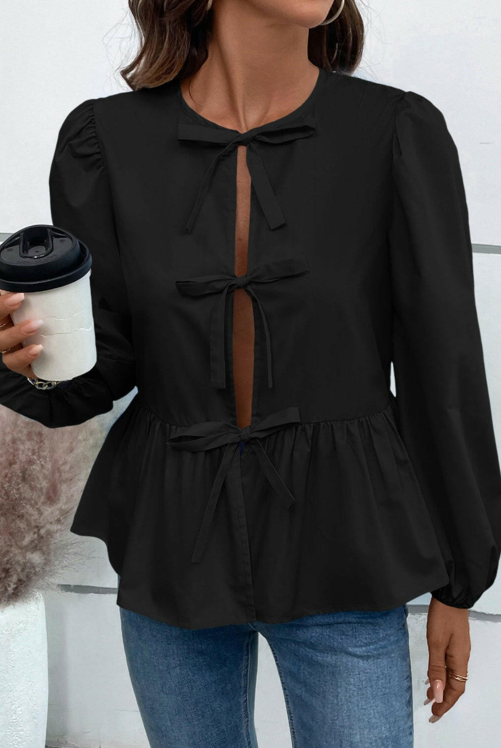 Ivy Lane Peplum Tied Long Sleeve Blouse-Krush Kandy, Women's Online Fashion Boutique Located in Phoenix, Arizona (Scottsdale Area)