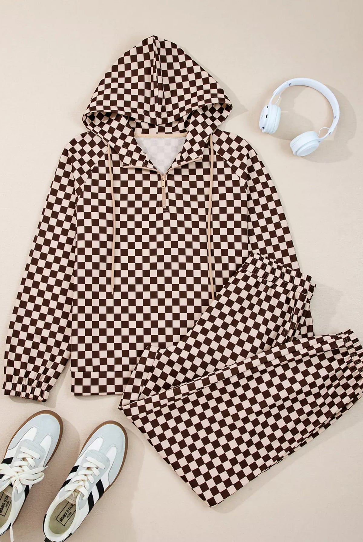 Checkered Drawstring Hoodie and Pants Set-2 Piece Outfit Sets-Krush Kandy, Women's Online Fashion Boutique Located in Phoenix, Arizona (Scottsdale Area)