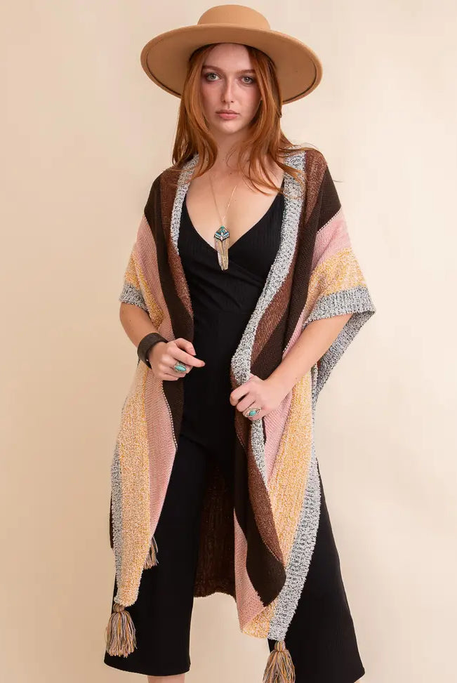 Multi-color Striped Pattern Ruana with Tassels-Kimonos-Krush Kandy, Women's Online Fashion Boutique Located in Phoenix, Arizona (Scottsdale Area)