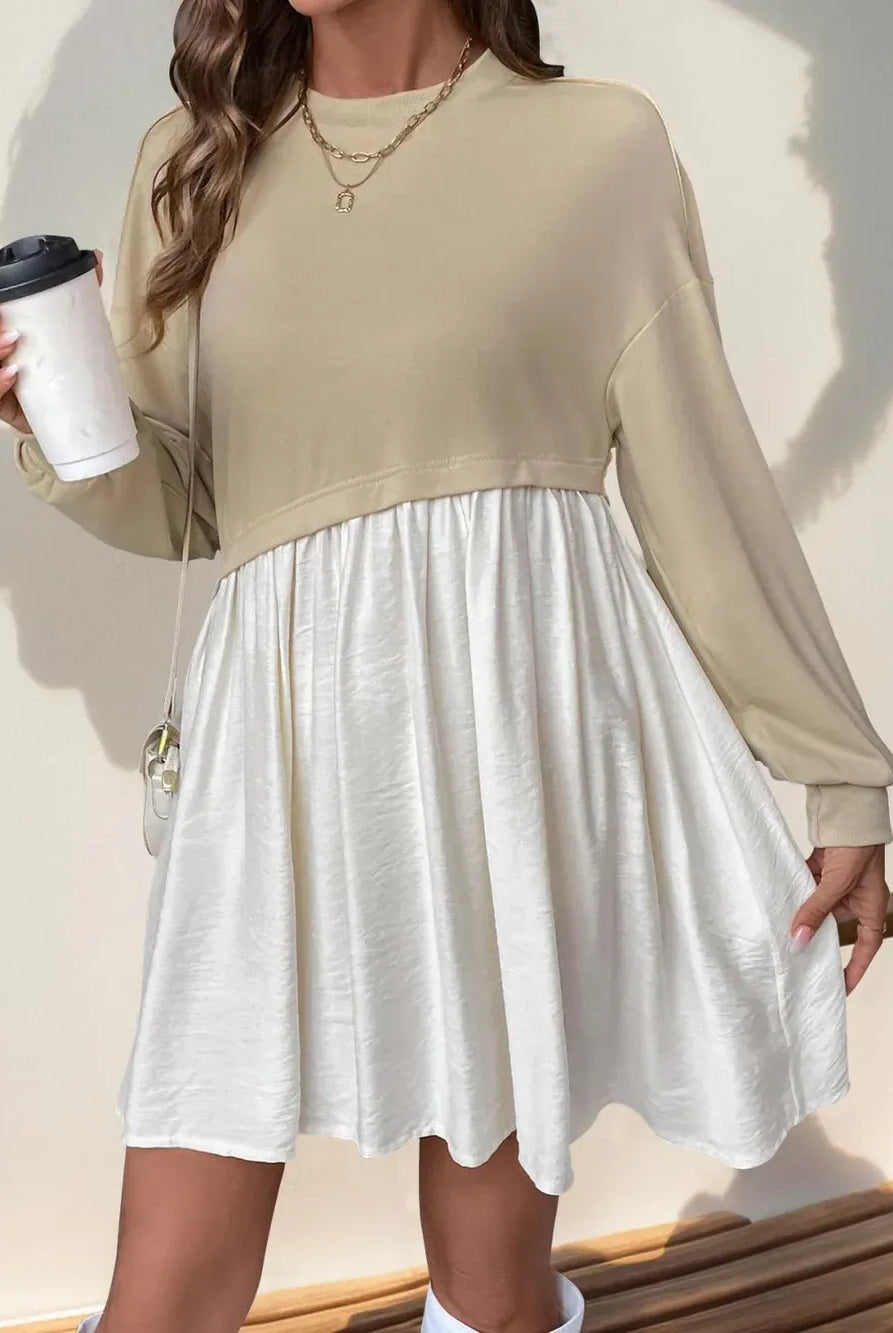 Perfee Contrast Round Neck Long Sleeve Mini Dress-Dresses-Krush Kandy, Women's Online Fashion Boutique Located in Phoenix, Arizona (Scottsdale Area)