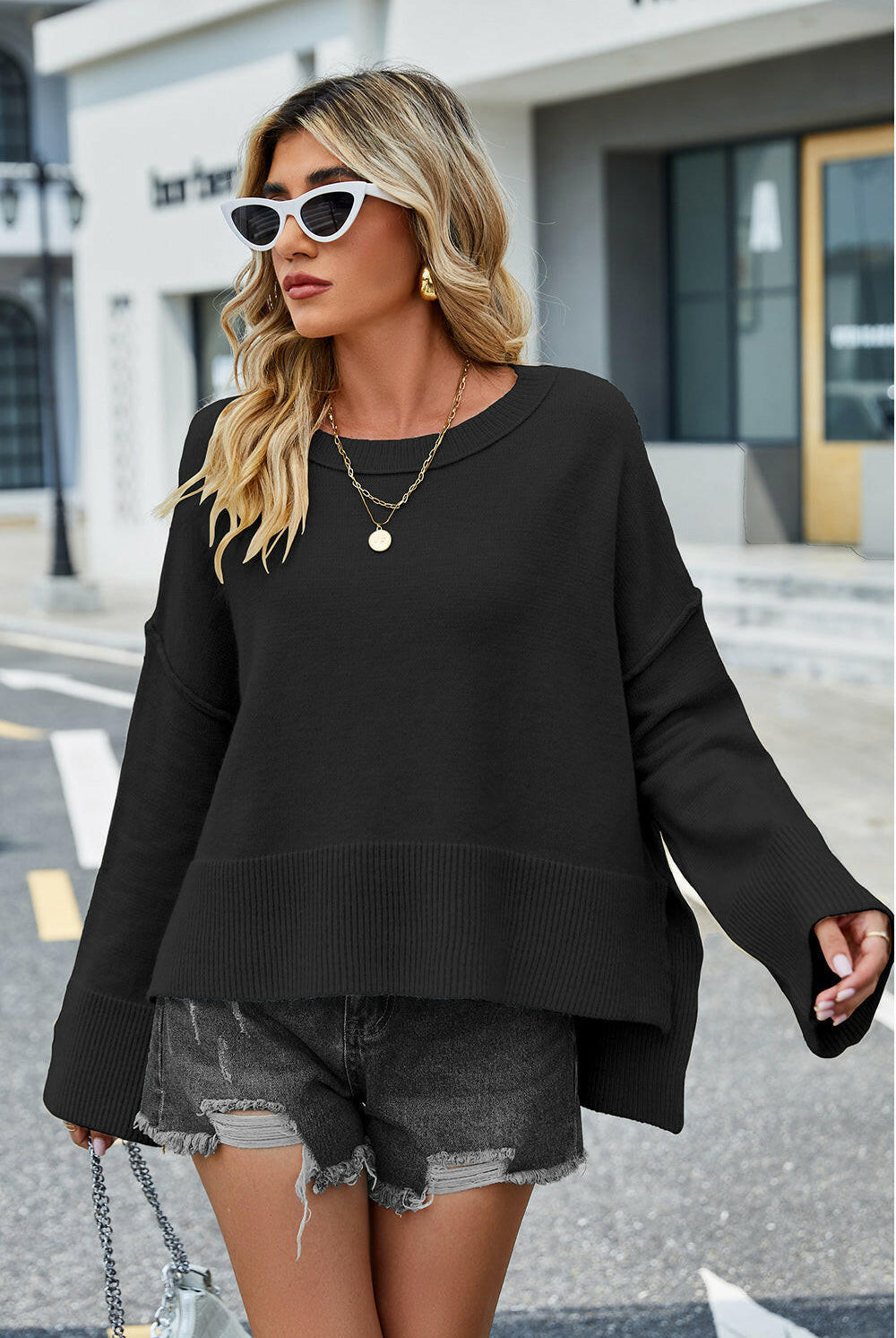 High-Low Slit Round Neck Long Sleeve Sweater-Krush Kandy, Women's Online Fashion Boutique Located in Phoenix, Arizona (Scottsdale Area)