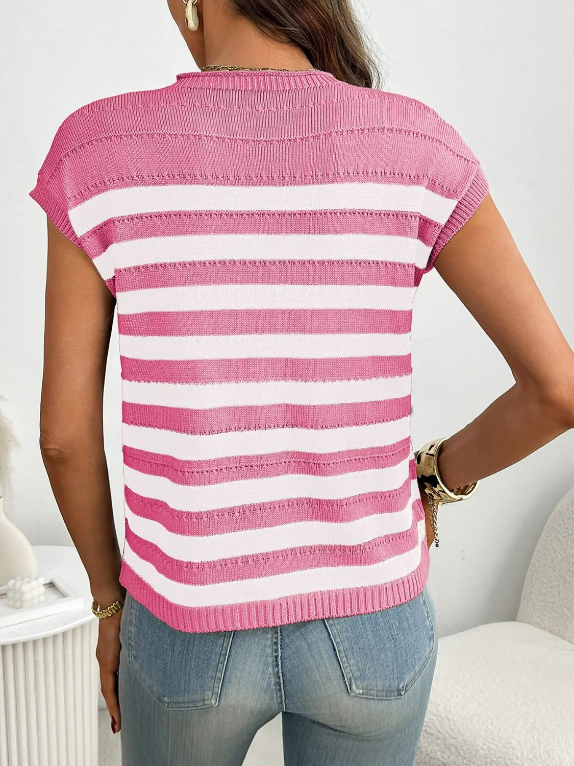 Striped Mock Neck Cap Sleeve Knit Top-Tops-Krush Kandy, Women's Online Fashion Boutique Located in Phoenix, Arizona (Scottsdale Area)